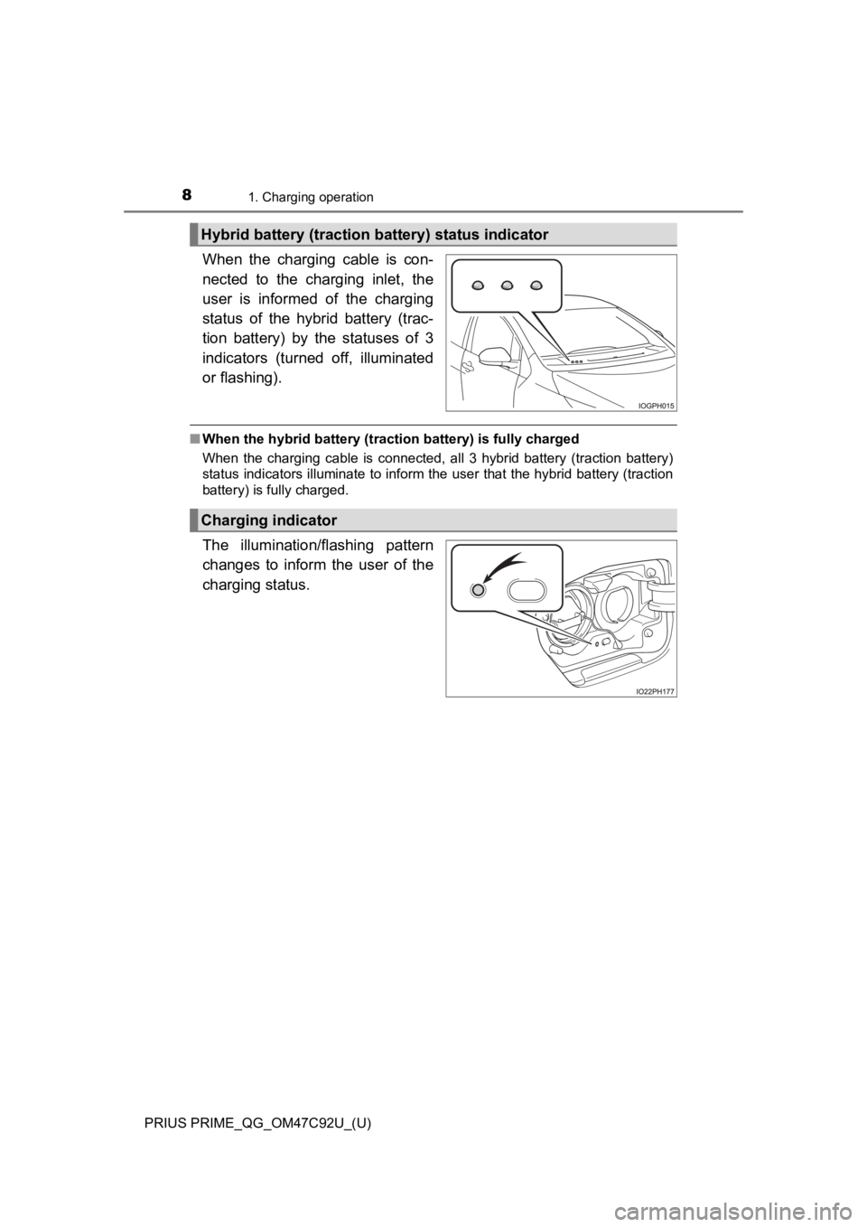 TOYOTA PRIUS PRIME 2020 Owners Manual (in English) 8
PRIUS PRIME_QG_OM47C92U_(U)
1. Charging operation
When the charging cable is con-
nected to the charging inlet, the
user is informed of the charging
status of the hybrid battery TOYOTA PRIUS PRIME 2020 Owners Manual (in English) 8
PRIUS PRIME_QG_OM47C92U_(U)
1. Charging operation
When the charging cable is con-
nected to the charging inlet, the
user is informed of the charging
status of the hybrid battery