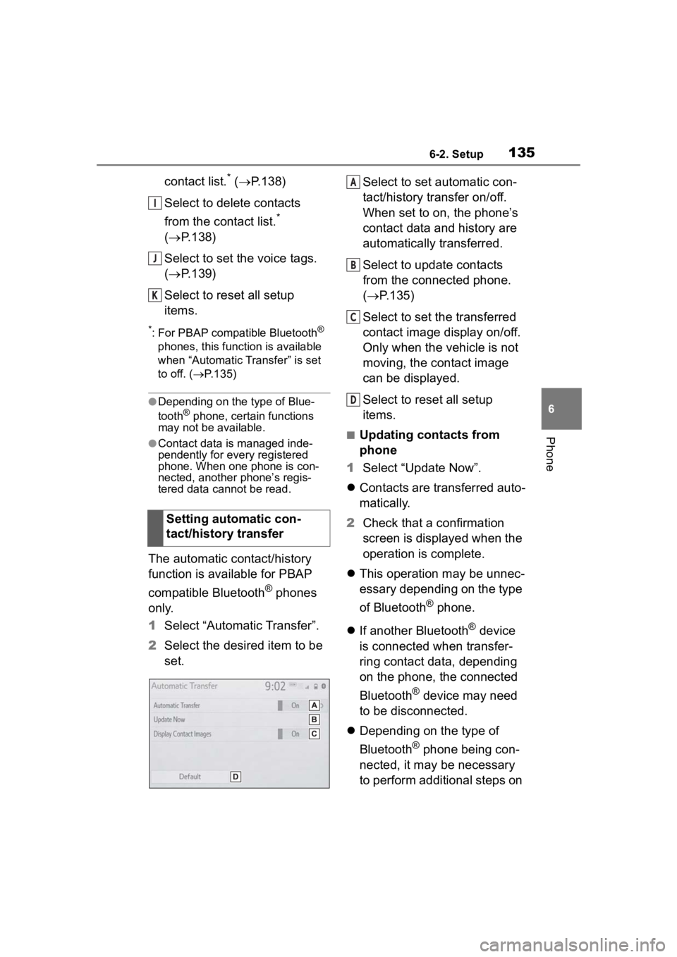 TOYOTA PRIUS PRIME 2020  Accessories, Audio & Navigation (in English) 1356-2. Setup
6
Phone
contact list.* ( P.138)
Select to delete contacts 
from the contact list.
* 
( P.138)
Select to set the voice tags. 
( P.139)
Select to reset all setup 
items.
*: For PB