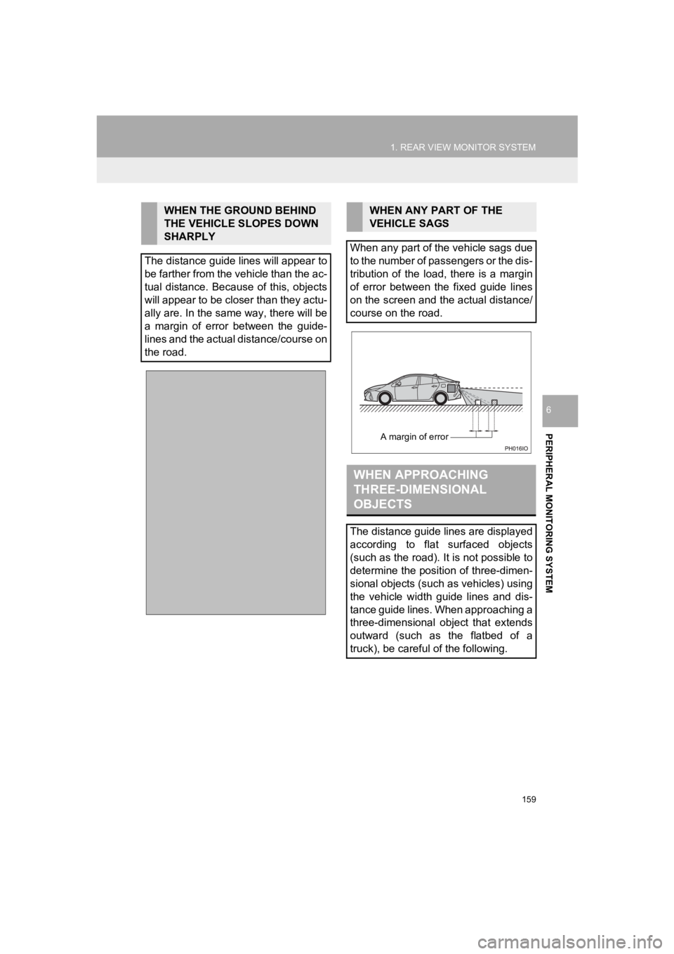 TOYOTA PRIUS PRIME 2020 Accessories, Audio & Navigation (in English) 159
1. REAR VIEW MONITOR SYSTEM
PRIUS PRIME_Navi_OM47C85U_(U)
19.03.07 12:35
PERIPHERAL MONITORING SYSTEM
6
WHEN THE GROUND BEHIND
THE VEHICLE SLOPES DOWN
SHARPLY
The distance guide lines will a TOYOTA PRIUS PRIME 2020 Accessories, Audio & Navigation (in English) 159
1. REAR VIEW MONITOR SYSTEM
PRIUS PRIME_Navi_OM47C85U_(U)
19.03.07 12:35
PERIPHERAL MONITORING SYSTEM
6
WHEN THE GROUND BEHIND
THE VEHICLE SLOPES DOWN
SHARPLY
The distance guide lines will a