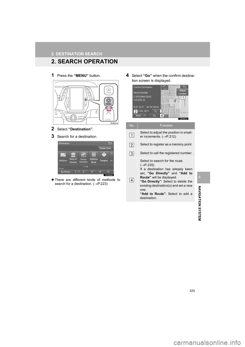 TOYOTA PRIUS PRIME 2020 Accessories, Audio & Navigation (in English) 225
2. DESTINATION SEARCH
PRIUS PRIME_Navi_OM47C85U_(U)
19.03.07 12:35
NAVIGATION SYSTEM
8
2. SEARCH OPERATION
1Press the “MENU” button.
2Select “Destination”.
3Search for a destination.
TOYOTA PRIUS PRIME 2020 Accessories, Audio & Navigation (in English) 225
2. DESTINATION SEARCH
PRIUS PRIME_Navi_OM47C85U_(U)
19.03.07 12:35
NAVIGATION SYSTEM
8
2. SEARCH OPERATION
1Press the “MENU” button.
2Select “Destination”.
3Search for a destination.