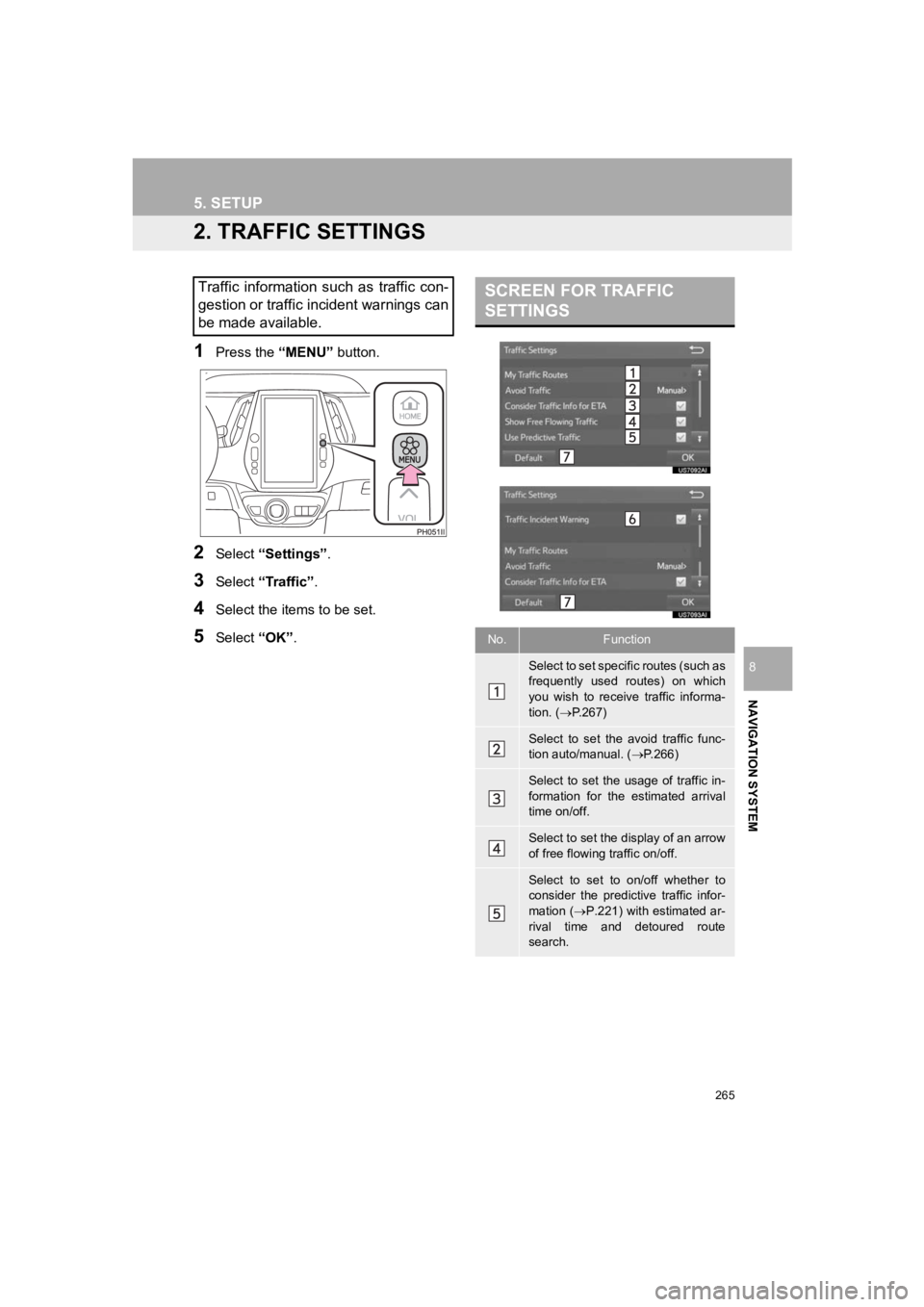TOYOTA PRIUS PRIME 2020 Accessories, Audio & Navigation (in English) 265
5. SETUP
PRIUS PRIME_Navi_OM47C85U_(U)
19.03.07 12:35
NAVIGATION SYSTEM
8
2. TRAFFIC SETTINGS
1Press the “MENU” button.
2Select “Settings” .
3Select “Traffic” .
4Select the items t TOYOTA PRIUS PRIME 2020 Accessories, Audio & Navigation (in English) 265
5. SETUP
PRIUS PRIME_Navi_OM47C85U_(U)
19.03.07 12:35
NAVIGATION SYSTEM
8
2. TRAFFIC SETTINGS
1Press the “MENU” button.
2Select “Settings” .
3Select “Traffic” .
4Select the items t