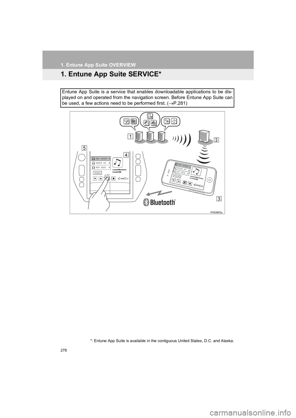 TOYOTA PRIUS PRIME 2020 Accessories, Audio & Navigation (in English) 278
PRIUS PRIME_Navi_OM47C85U_(U)
19.03.07 12:35
1. Entune App Suite OVERVIEW
1. Entune App Suite SERVICE*
Entune App Suite is a service that enables downloadable applications to be di TOYOTA PRIUS PRIME 2020 Accessories, Audio & Navigation (in English) 278
PRIUS PRIME_Navi_OM47C85U_(U)
19.03.07 12:35
1. Entune App Suite OVERVIEW
1. Entune App Suite SERVICE*
Entune App Suite is a service that enables downloadable applications to be di