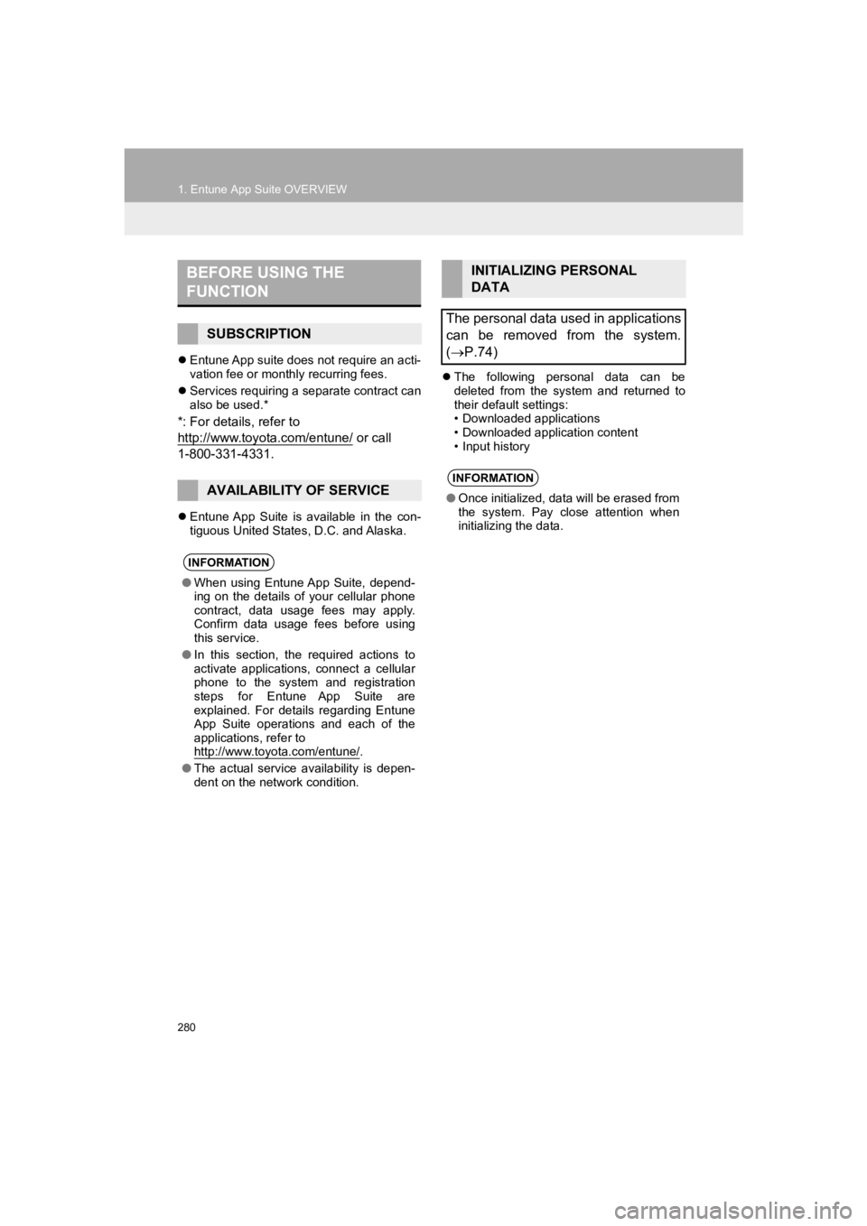TOYOTA PRIUS PRIME 2020 Accessories, Audio & Navigation (in English) 280
1. Entune App Suite OVERVIEW
PRIUS PRIME_Navi_OM47C85U_(U)
19.03.07 12:35
Entune App suite does not require an acti-
vation fee or monthly recurring fees.
Services requiring a separate TOYOTA PRIUS PRIME 2020 Accessories, Audio & Navigation (in English) 280
1. Entune App Suite OVERVIEW
PRIUS PRIME_Navi_OM47C85U_(U)
19.03.07 12:35
Entune App suite does not require an acti-
vation fee or monthly recurring fees.
Services requiring a separate