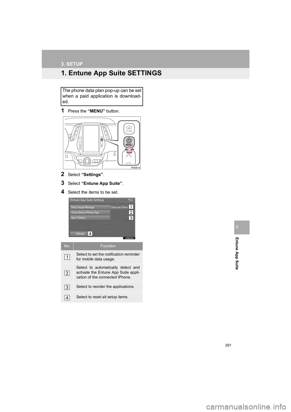 TOYOTA PRIUS PRIME 2020 Accessories, Audio & Navigation (in English) 291
PRIUS PRIME_Navi_OM47C85U_(U)
19.03.07 12:35
Entune App Suite
9
3. SETUP
1. Entune App Suite SETTINGS
1Press the “MENU” button.
2Select “Settings” .
3Select “Entune App Suite” .
4S TOYOTA PRIUS PRIME 2020 Accessories, Audio & Navigation (in English) 291
PRIUS PRIME_Navi_OM47C85U_(U)
19.03.07 12:35
Entune App Suite
9
3. SETUP
1. Entune App Suite SETTINGS
1Press the “MENU” button.
2Select “Settings” .
3Select “Entune App Suite” .
4S