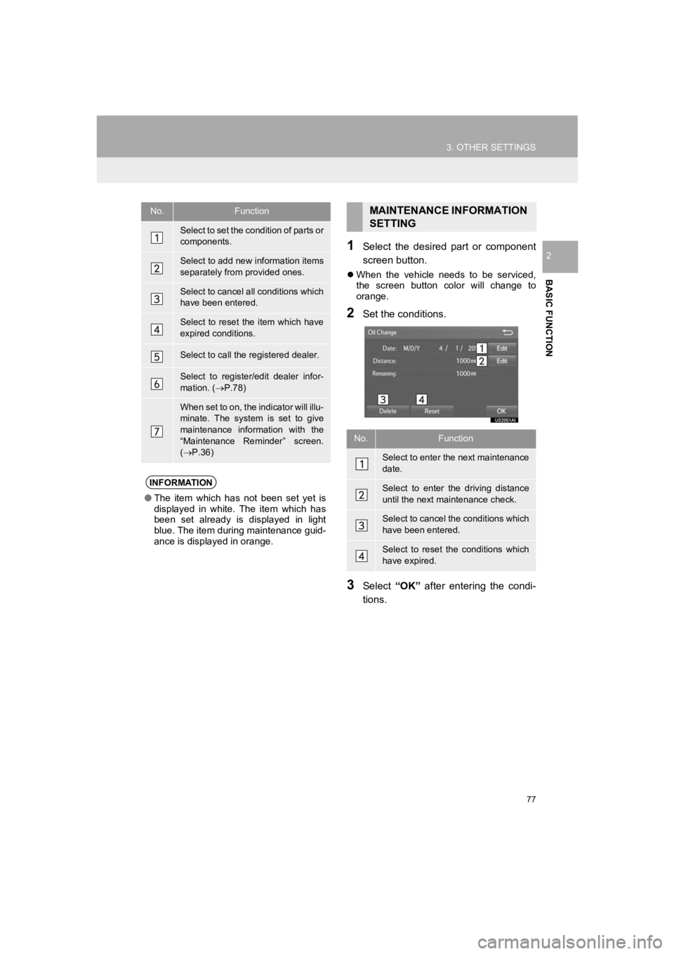 TOYOTA PRIUS PRIME 2020 Accessories, Audio & Navigation (in English) 77
3. OTHER SETTINGS
PRIUS PRIME_Navi_OM47C85U_(U)
19.03.07 12:34
BASIC FUNCTION
21Select the desired part or component
screen button.
When the vehicle needs to be serviced,
the scr TOYOTA PRIUS PRIME 2020 Accessories, Audio & Navigation (in English) 77
3. OTHER SETTINGS
PRIUS PRIME_Navi_OM47C85U_(U)
19.03.07 12:34
BASIC FUNCTION
21Select the desired part or component
screen button.
When the vehicle needs to be serviced,
the scr