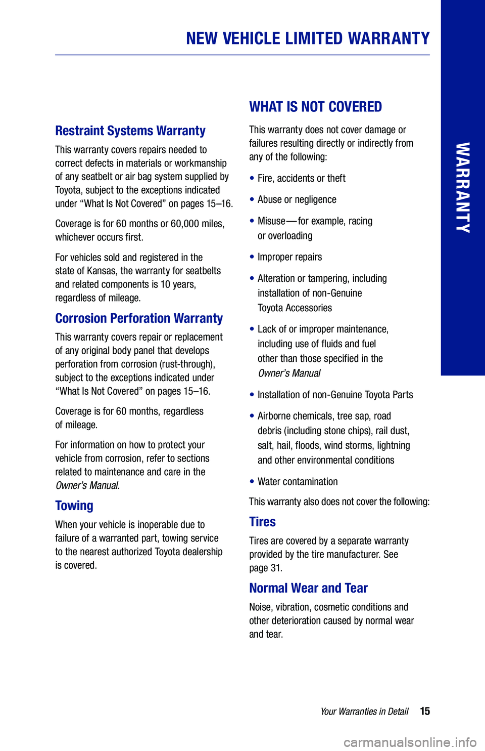 TOYOTA PRIUS PRIME 2020  Warranties & Maintenance Guides (in English) 15
NEW VEHICLE LIMITED WARRANTY
Restraint Systems Warranty
This warranty covers repairs needed to 
correct defects in materials or workmanship 
of any seatbelt or air bag system supplied by 
Toyota, s