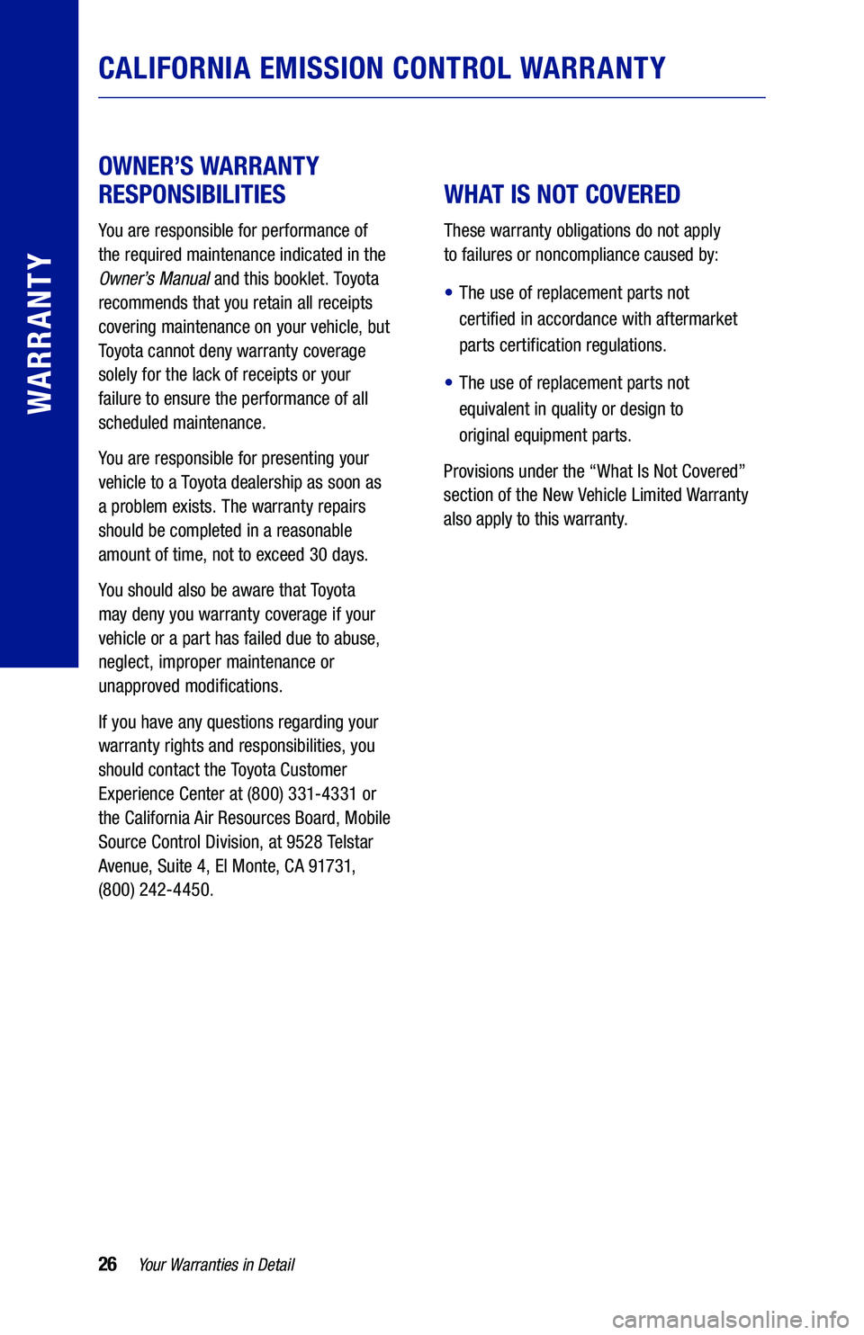 TOYOTA PRIUS PRIME 2020 Warranties & Maintenance Guides (in English) 26
OWNER’S WARRANTY
RESPONSIBILITIES
You are responsible for performance of
the required maintenance indicated in the
Owner’s Manual and this booklet. Toyota
recommends that you retain TOYOTA PRIUS PRIME 2020 Warranties & Maintenance Guides (in English) 26
OWNER’S WARRANTY
RESPONSIBILITIES
You are responsible for performance of
the required maintenance indicated in the
Owner’s Manual and this booklet. Toyota
recommends that you retain