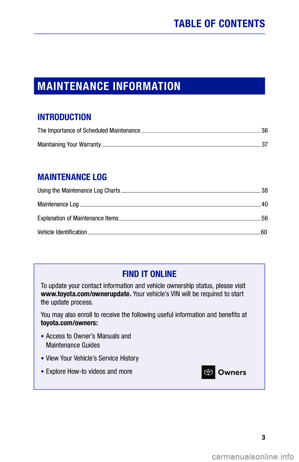 TOYOTA PRIUS PRIME 2020 Warranties & Maintenance Guides (in English) 3
TABLE OF CONTENTS
MAINTENANCE INFORMATION
INTRODUCTION
The Importance of Scheduled Maintenance 36
Maintaining Your Warranty
37
MAINTENANCE LOG
Using the Maintenance Log Charts 38
Maintenance Log TOYOTA PRIUS PRIME 2020 Warranties & Maintenance Guides (in English) 3
TABLE OF CONTENTS
MAINTENANCE INFORMATION
INTRODUCTION
The Importance of Scheduled Maintenance 36
Maintaining Your Warranty
37
MAINTENANCE LOG
Using the Maintenance Log Charts 38
Maintenance Log