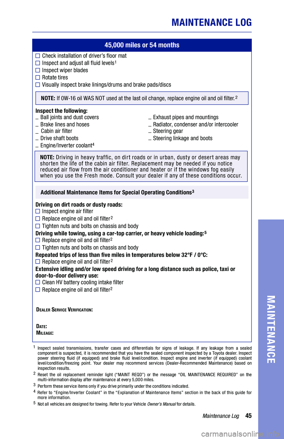 TOYOTA PRIUS PRIME 2020  Warranties & Maintenance Guides (in English) 45
45,000 miles or 54 months
Check installation of driver’s floor mat
Inspect and adjust all fluid levels1
Inspect wiper blades
Rotate tires
 
Visually inspect brake linings/drums and brake pads/dis