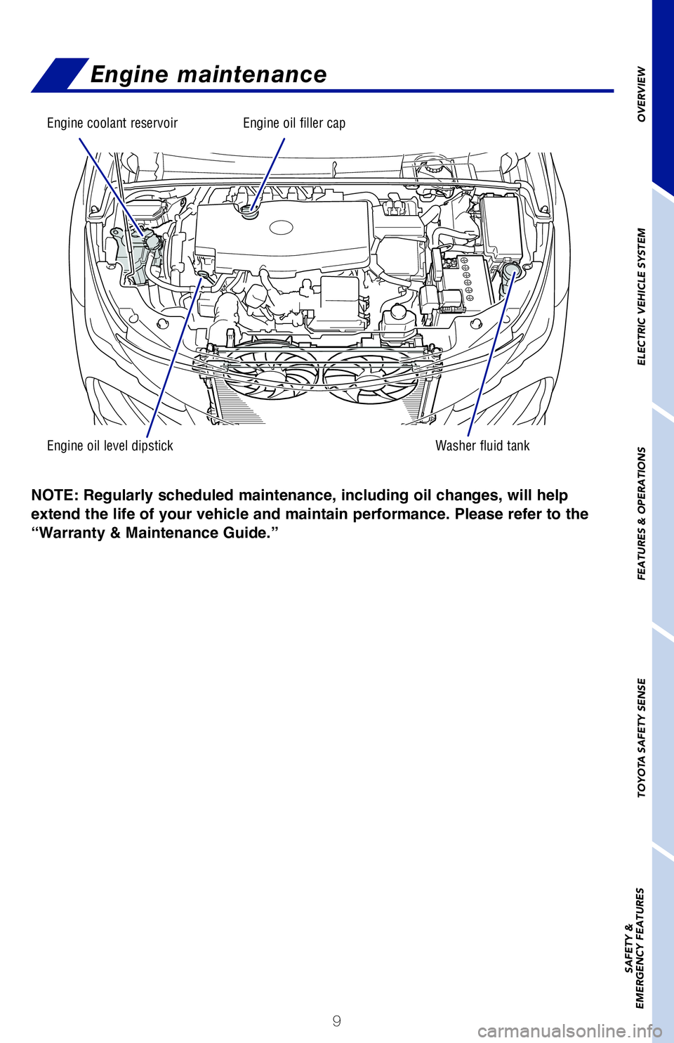 TOYOTA PRIUS PRIME 2021   (in English) User Guide 9
Engine maintenance
Engine�coolant�reservoir Engine�oil�filler�cap
Engine�oil�level�dipstick Washer�fluid�tank
NOTE: Regularly scheduled maintenance, including oil changes, will help 
exten