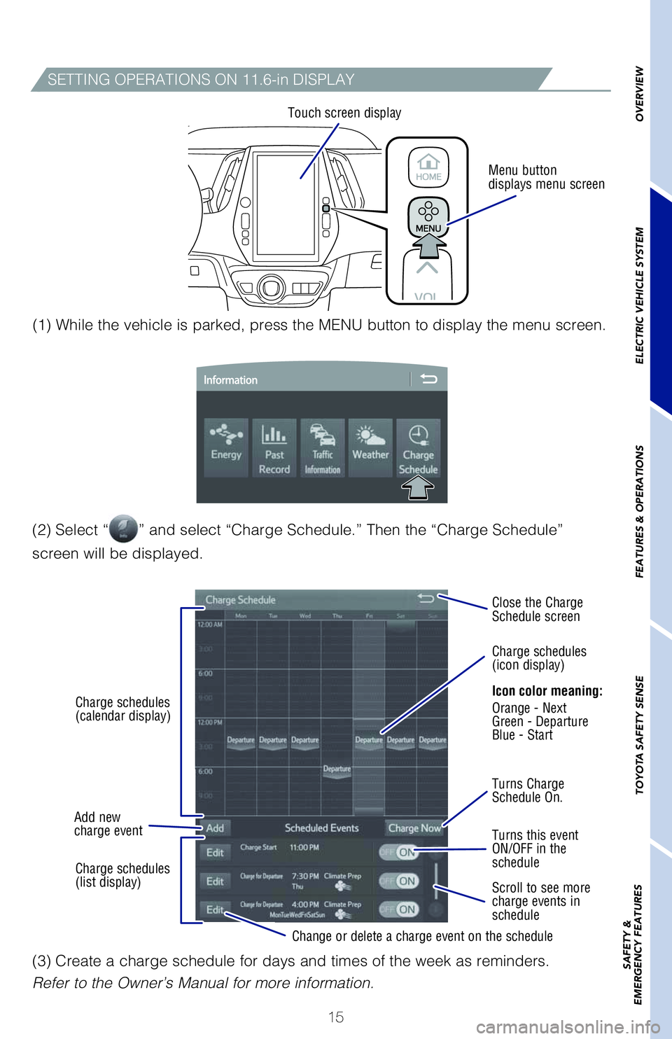 TOYOTA PRIUS PRIME 2021   (in English) User Guide 15
Menu�button�
displays�menu�screen Touch�screen�display
�	��
��4�F�M�F�D�U��i” and select “Charge Schedule.” Then the “Charge Schedule” 
screen will be displayed.�	��
��8�I�J�M�