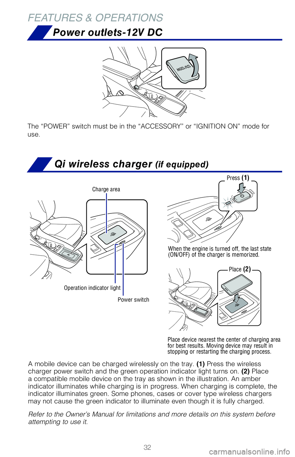 TOYOTA PRIUS PRIME 2021   (in English) Owners Guide 32
FEATURES & OPERATIONS
Power outlets-12V DC
�5�I�F��i�1�0�8�&�3�w��T�X�J�U�D�I��N�V�T�U��C�F��J�O��U�I�F��i�"�$�$�&�4�4�0�3�:�w��P�S��i�*�(�/�*�5�*�0�/��0�/�w��N�P�E�F��G�P�S�
use.
Qi w