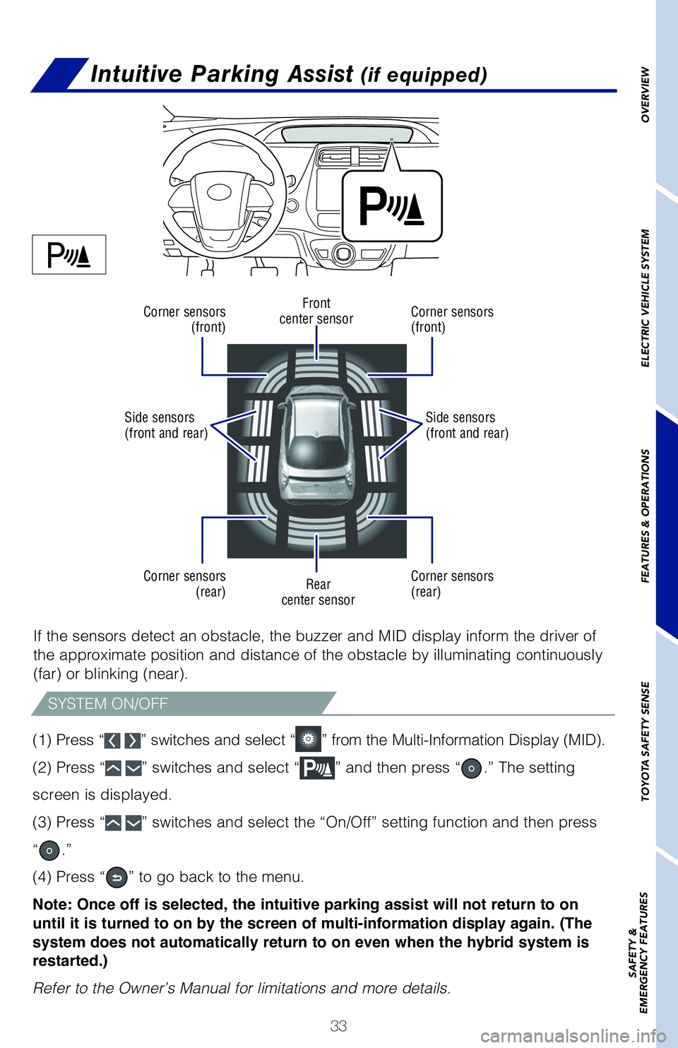 TOYOTA PRIUS PRIME 2021   (in English) Owners Guide 33
OVERVIEW ELECTRIC VEHICLE SYSTEM FEATURES & OPERATIONS TOYOTA SAFETY SENSE SAFETY &  
EMERGENCY FEATURES
Intuitive Parking Assist (if equipped)
If the sensors detect an obstacle, the buzzer and MID
