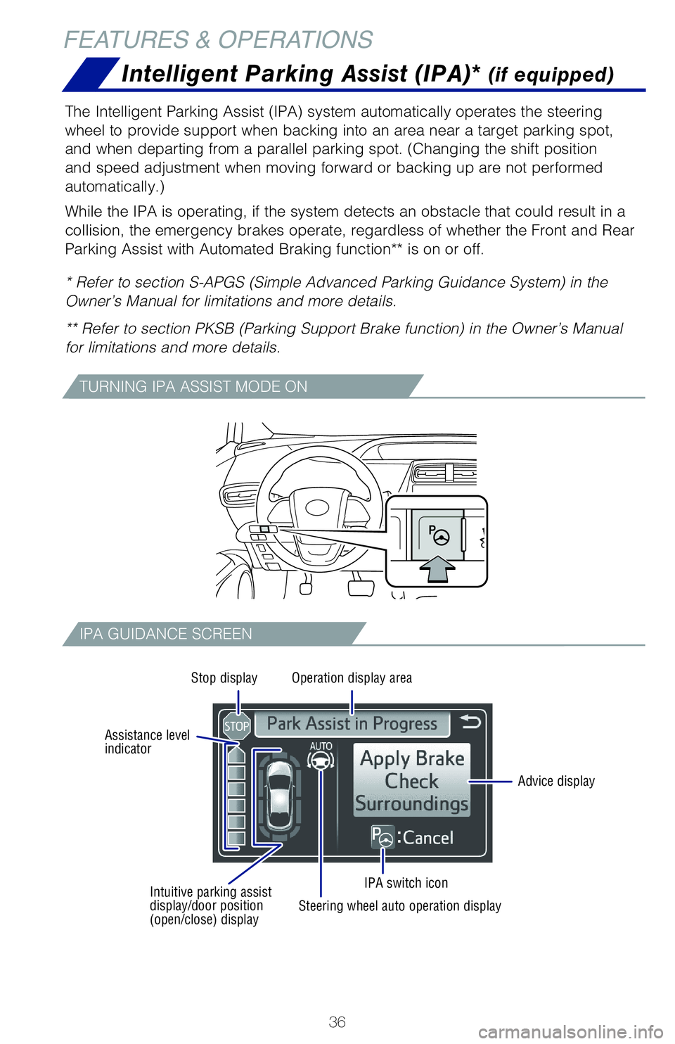 TOYOTA PRIUS PRIME 2021   (in English) Owners Guide 36
FEATURES & OPERATIONS
�5�I�F��*�O�U�F�M�M�J�H�F�O�U��1�B�S�L�J�O�H��"�T�T�J�T�U��	�*�1�"�
��T�Z�T�U�F�N��B�V�U�P�N�B�U�J�D�B�M�M�Z��P�Q�F�S�B�U�F�T��U�I�F��T�U�F�F�S�J�O�H�
wheel to provi