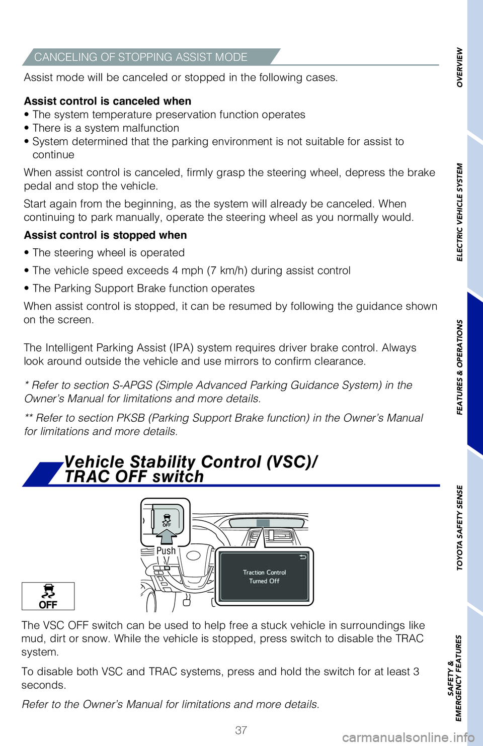 TOYOTA PRIUS PRIME 2021   (in English) Owners Guide 37
OVERVIEW ELECTRIC VEHICLE SYSTEM FEATURES & OPERATIONS TOYOTA SAFETY SENSE SAFETY &  
EMERGENCY FEATURESAssist mode will be canceled or stopped in the following cases.
Assist control is canceled wh