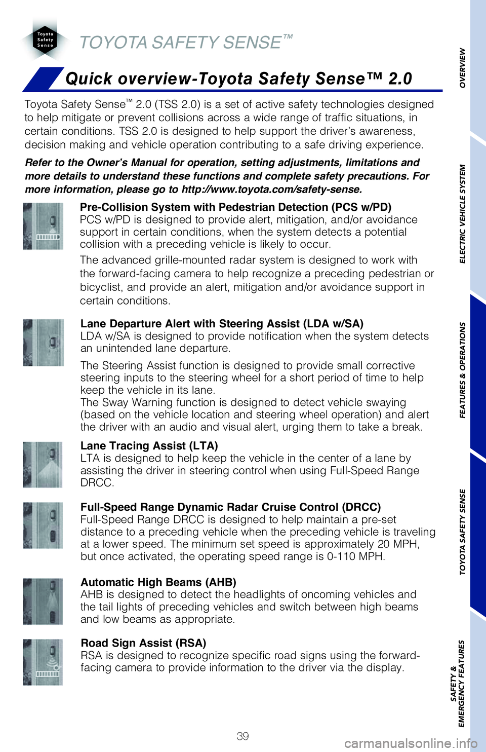 TOYOTA PRIUS PRIME 2021   (in English) Service Manual 39
TOYOTA SAFETY SENSE™
OVERVIEW ELECTRIC VEHICLE SYSTEM FEATURES & OPERATIONS TOYOTA SAFETY SENSE SAFETY &  
EMERGENCY FEATURES
Toyota Safety Sense™������	�5�4�4�����
��J�T��B��T�F�U�