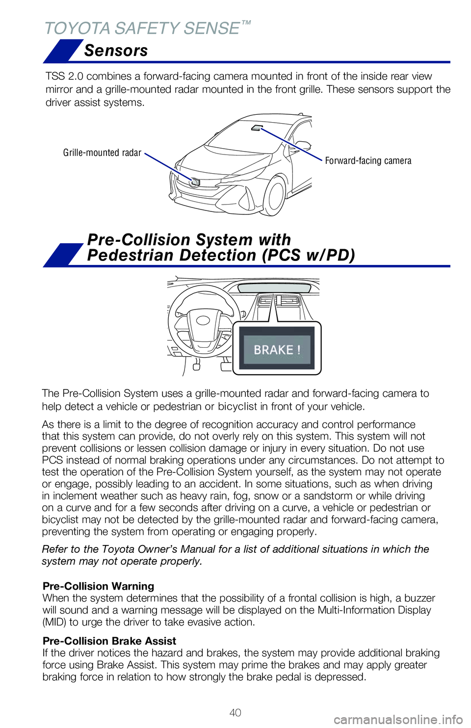 TOYOTA PRIUS PRIME 2021   (in English) Service Manual 40
TOYOTA SAFETY SENSE™
Sensors
TSS 2.0 combines a forward-facing camera mounted in front of the inside rear view 
mirror and a grille-mounted radar mounted in the front grille. These sensors suppor