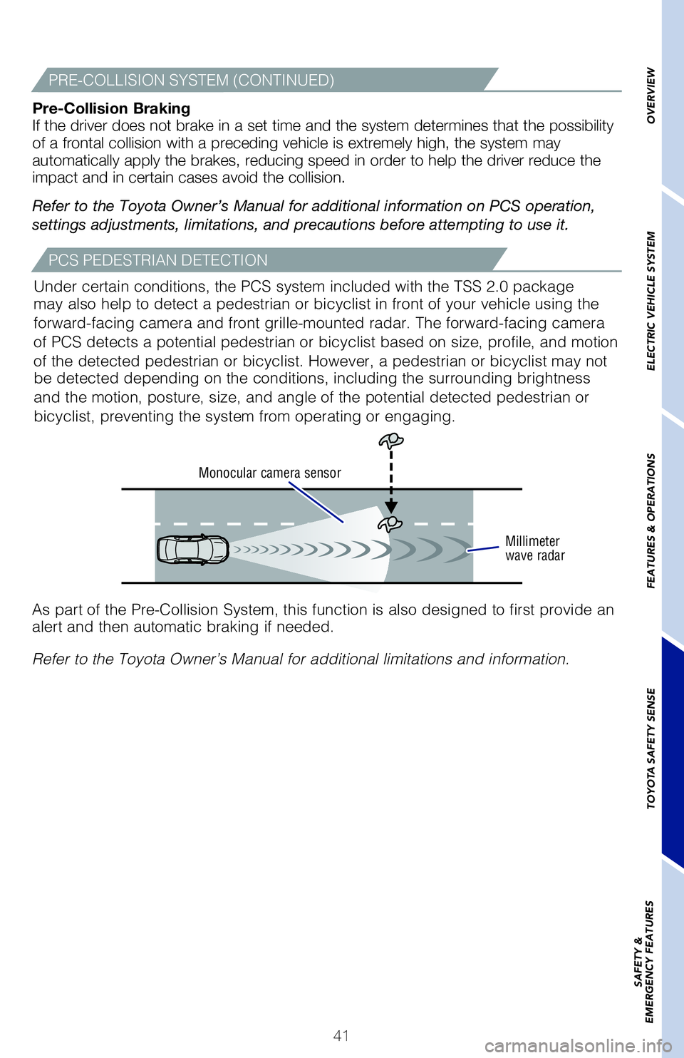 TOYOTA PRIUS PRIME 2021   (in English) Service Manual 41
Monocular�camera�sensor
Millimeter
wave�radar
OVERVIEW ELECTRIC VEHICLE SYSTEM FEATURES & OPERATIONS TOYOTA SAFETY SENSE SAFETY &  
EMERGENCY FEATURES
As part of the Pre-Collision System, this f