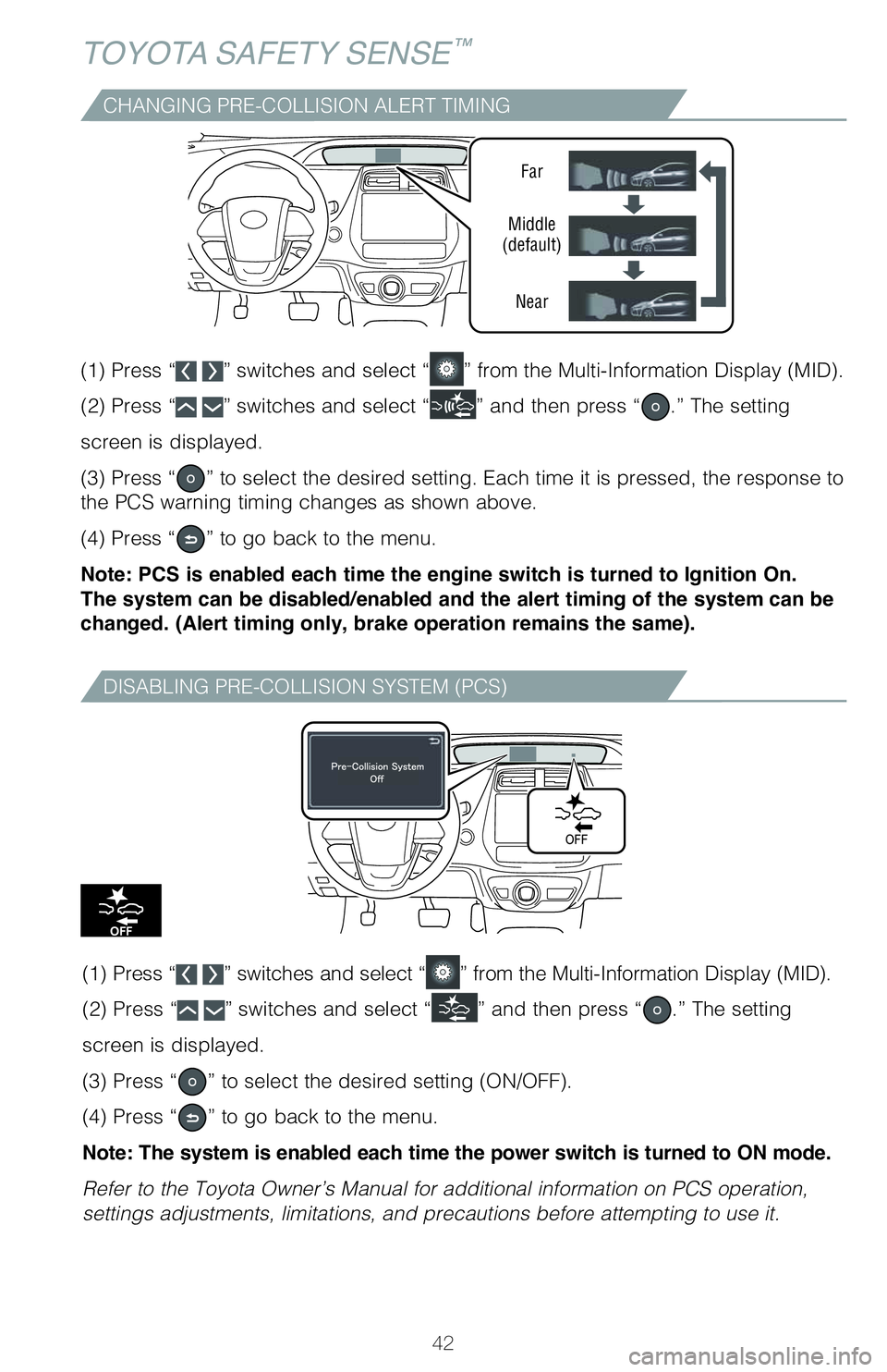 TOYOTA PRIUS PRIME 2021   (in English) Service Manual 42
TOYOTA SAFETY SENSE™
CHANGING PRE-COLLISION ALERT TIMING
�%�*�4�"�#�-�*�/�(��1�3�&��$�0�-�-�*�4�*�0�/��4�:�4�5�&�.��	�1�$�4�

�	��
��1�S�F�T�T�“ ” switches and select “”��G�S�P�N�