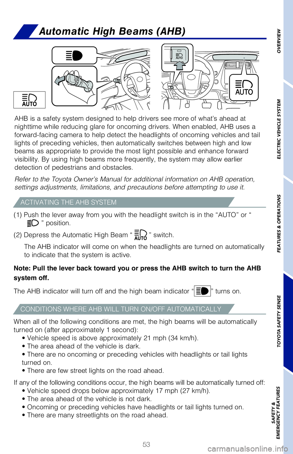 TOYOTA PRIUS PRIME 2021   (in English) Workshop Manual 53
OVERVIEW ELECTRIC VEHICLE SYSTEM FEATURES & OPERATIONS TOYOTA SAFETY SENSE SAFETY &  
EMERGENCY FEATURES
AHB is a safety system designed to help drivers see more of what’s ahead at 
nighttime whi
