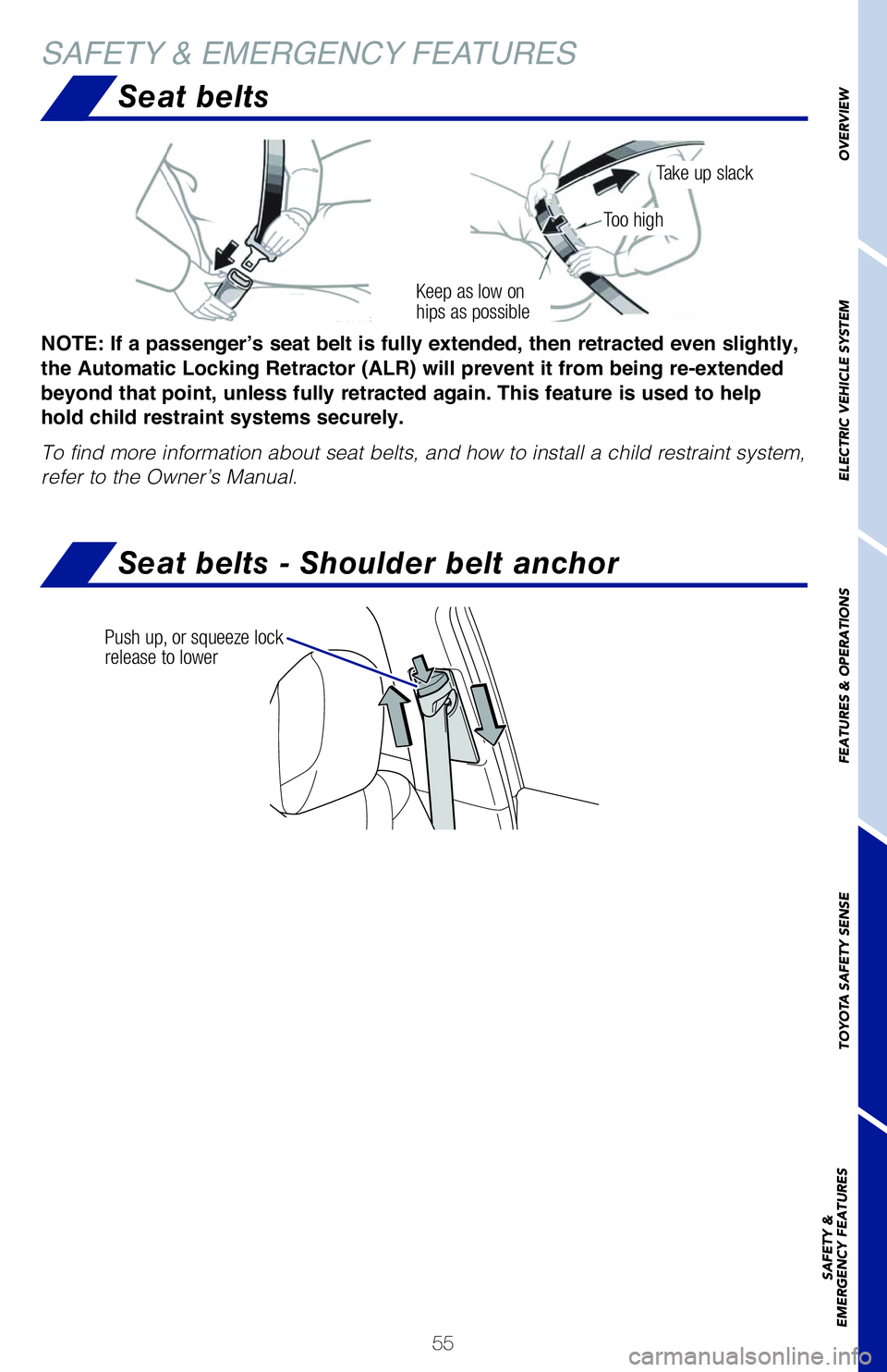 TOYOTA PRIUS PRIME 2021   (in English) Workshop Manual 55
OVERVIEW ELECTRIC VEHICLE SYSTEM FEATURES & OPERATIONS TOYOTA SAFETY SENSE SAFETY &  
EMERGENCY FEATURES
Seat belts
Seat belts - Shoulder belt anchor
�1�2�7�(���,�I��D��S�D�V�V�H�Q�J�H�U�