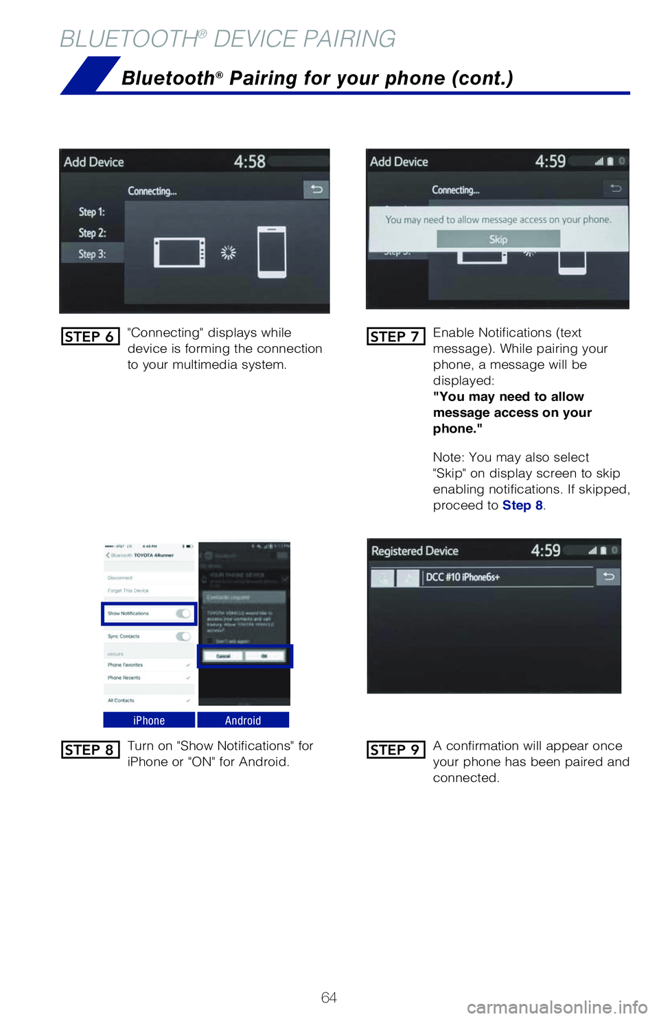 TOYOTA PRIUS PRIME 2021   (in English) Repair Manual 64
BLUETOOTH® DEVICE PAIRING
"Connecting" displays while 
device is forming the connection 
to your multimedia system.�&�O�B�C�M�F��/�P�U�J�G�J�D�B�U�J�P�O�T��	�U�F�Y�U�
�N�F�T�T�B�H�F�
���8�I�J