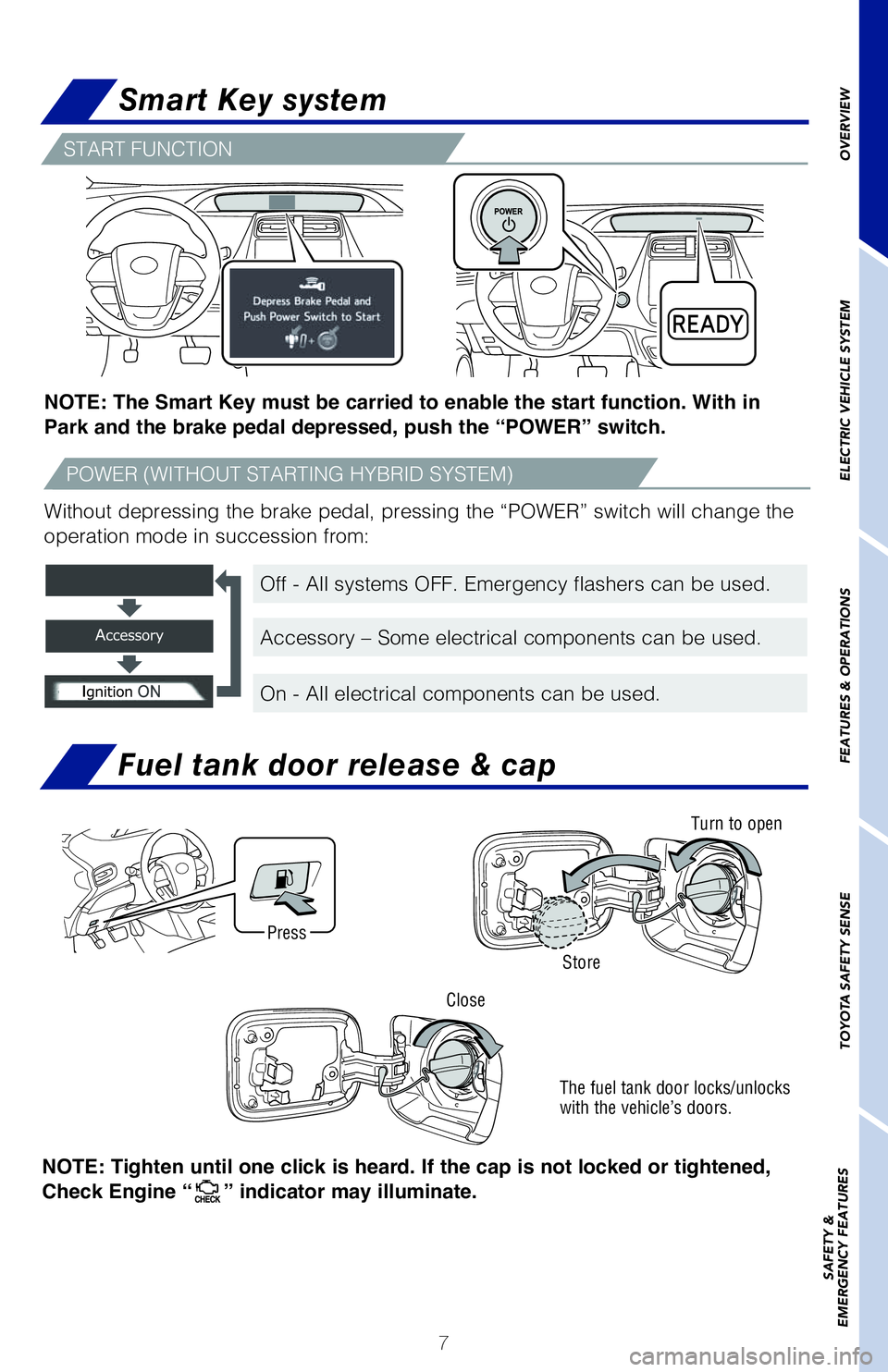 TOYOTA PRIUS PRIME 2021  Owners Manual (in English) 7
Smart Key system
Without depressing the brake pedal, pressing the “POWER” switch will change the 
operation mode in succession from:
OVERVIEW ELECTRIC VEHICLE SYSTEM FEATURES & OPERATIONS TOYOTA