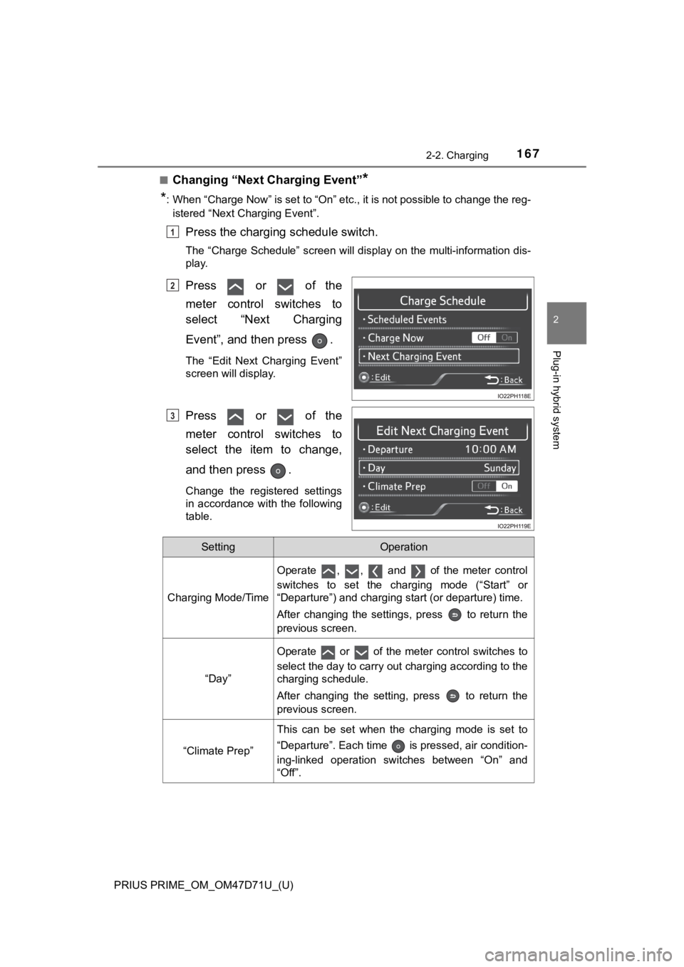 TOYOTA PRIUS PRIME 2021  Owners Manual (in English) PRIUS PRIME_OM_OM47D71U_(U)
1672-2. Charging
2
Plug-in hybrid system
■Changing “Next Charging Event”*
*
: When “Charge Now” is set to “On” etc., it is not possible to change the reg-
ist