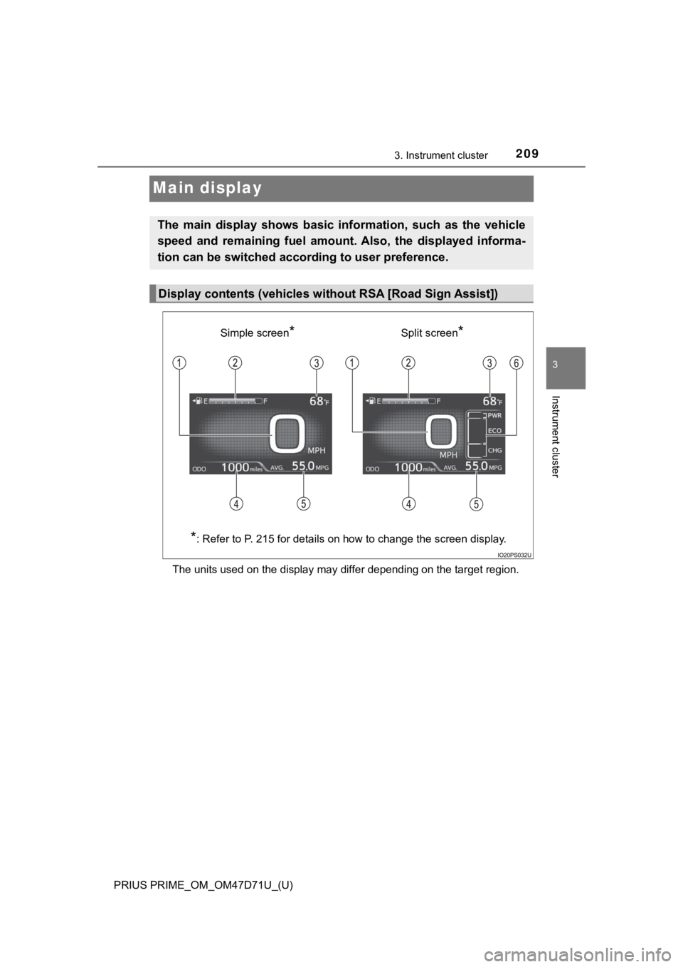 TOYOTA PRIUS PRIME 2021  Owners Manual (in English) 209
PRIUS PRIME_OM_OM47D71U_(U)
3. Instrument cluster
3
Instrument cluster
Main display
The units used on the display may differ depending on the target region.
The  main  display  shows  basic  infor