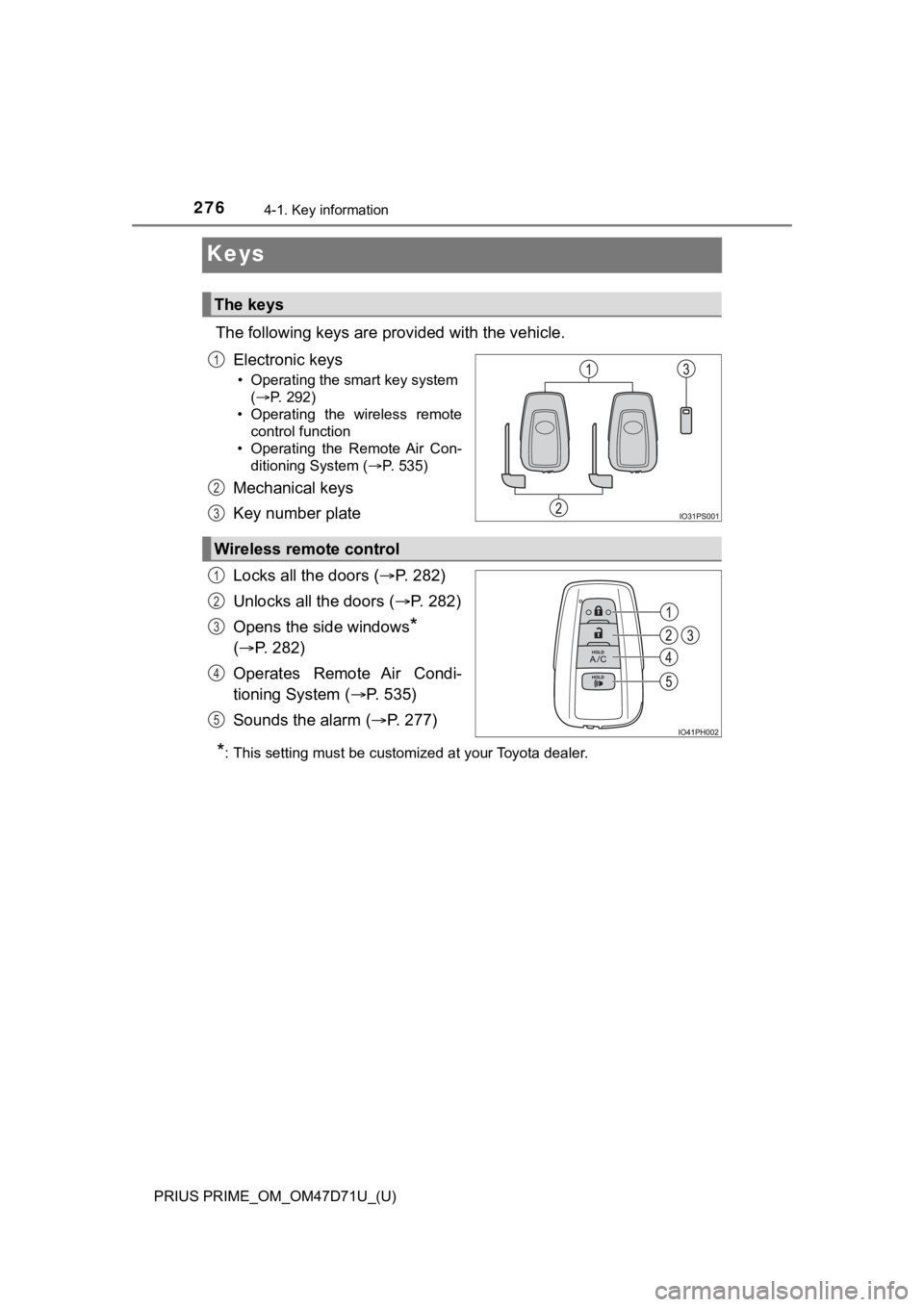 TOYOTA PRIUS PRIME 2021  Owners Manual (in English) 276
PRIUS PRIME_OM_OM47D71U_(U)
4-1. Key information
Keys
The following keys are provided with the vehicle.
Electronic keys
• Operating the smart key system 
(P. 292)
• Operating  the  wireless