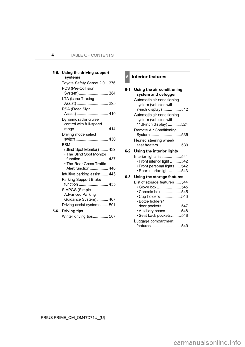TOYOTA PRIUS PRIME 2021 Owners Manual (in English) TABLE OF CONTENTS4
PRIUS PRIME_OM_OM47D71U_(U)5-5. Using the driving support
systems
Toyota Safety Sense 2.0 ... 376
PCS (Pre-Collision
System) ........................... 384
LTA (Lane Tracing
Ass TOYOTA PRIUS PRIME 2021 Owners Manual (in English) TABLE OF CONTENTS4
PRIUS PRIME_OM_OM47D71U_(U)5-5. Using the driving support
systems
Toyota Safety Sense 2.0 ... 376
PCS (Pre-Collision
System) ........................... 384
LTA (Lane Tracing
Ass
