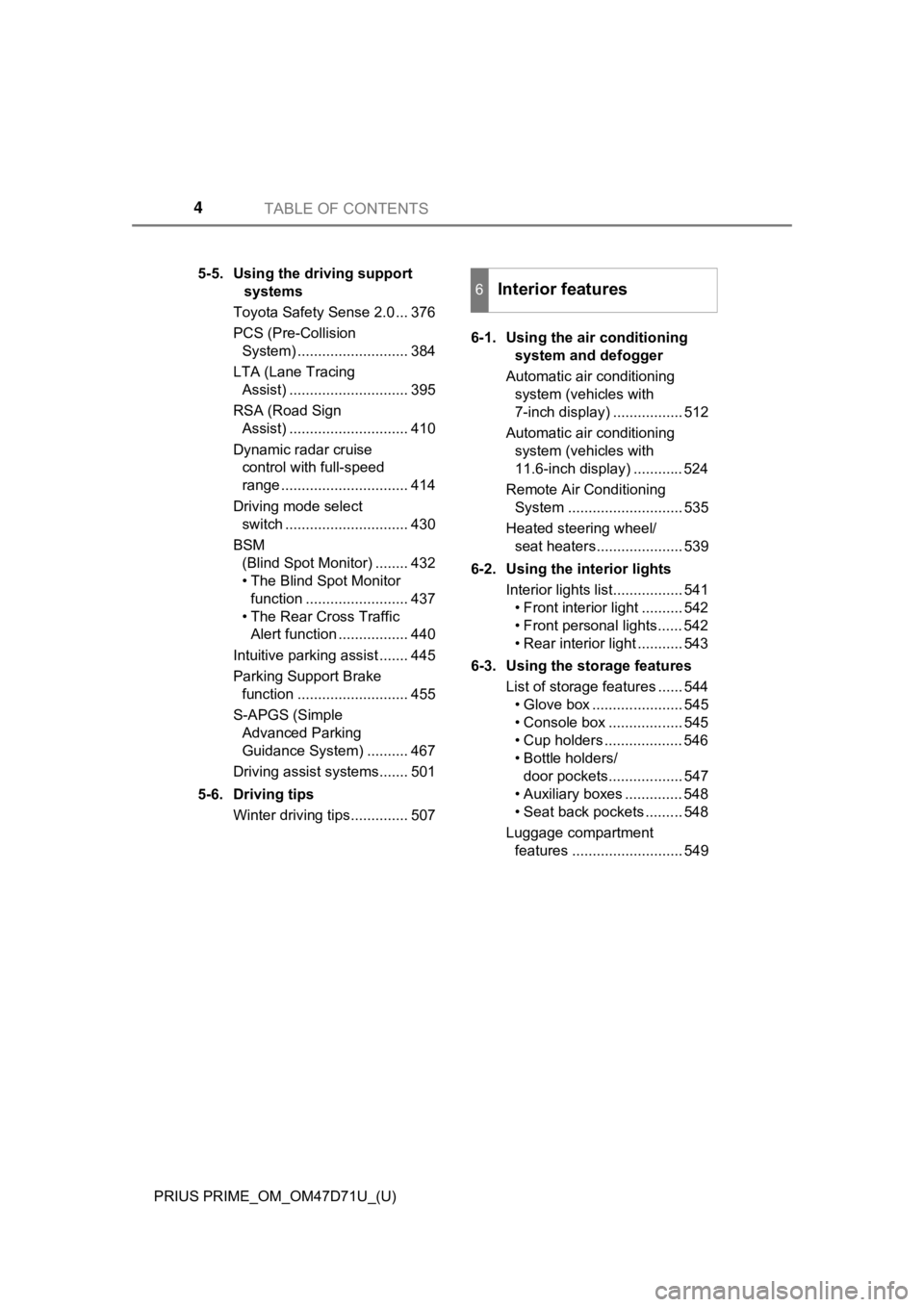 TOYOTA PRIUS PRIME 2021  Owners Manual (in English) TABLE OF CONTENTS4
PRIUS PRIME_OM_OM47D71U_(U)5-5. Using the driving support 
systems
Toyota Safety Sense 2.0 ... 376
PCS (Pre-Collision 
System) ........................... 384
LTA (Lane Tracing 
Ass