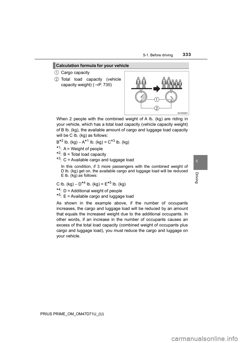TOYOTA PRIUS PRIME 2021  Owners Manual (in English) PRIUS PRIME_OM_OM47D71U_(U)
3335-1. Before driving
5
Driving
Cargo capacity
Total  load  capacity  (vehicle
capacity weight) (P. 730)
When  2  people  with  the  combined  weight  of  A  lb.  (kg) 