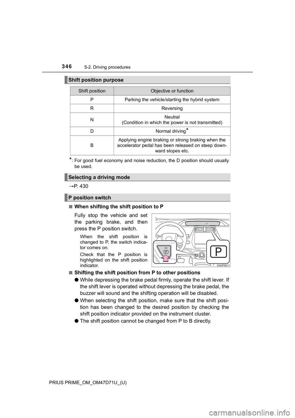 TOYOTA PRIUS PRIME 2021  Owners Manual (in English) 346
PRIUS PRIME_OM_OM47D71U_(U)
5-2. Driving procedures
*: For good fuel economy and noise reduction, the D position should usually
be used.
P.   4 3 0
■When shifting the shift position to P
Full