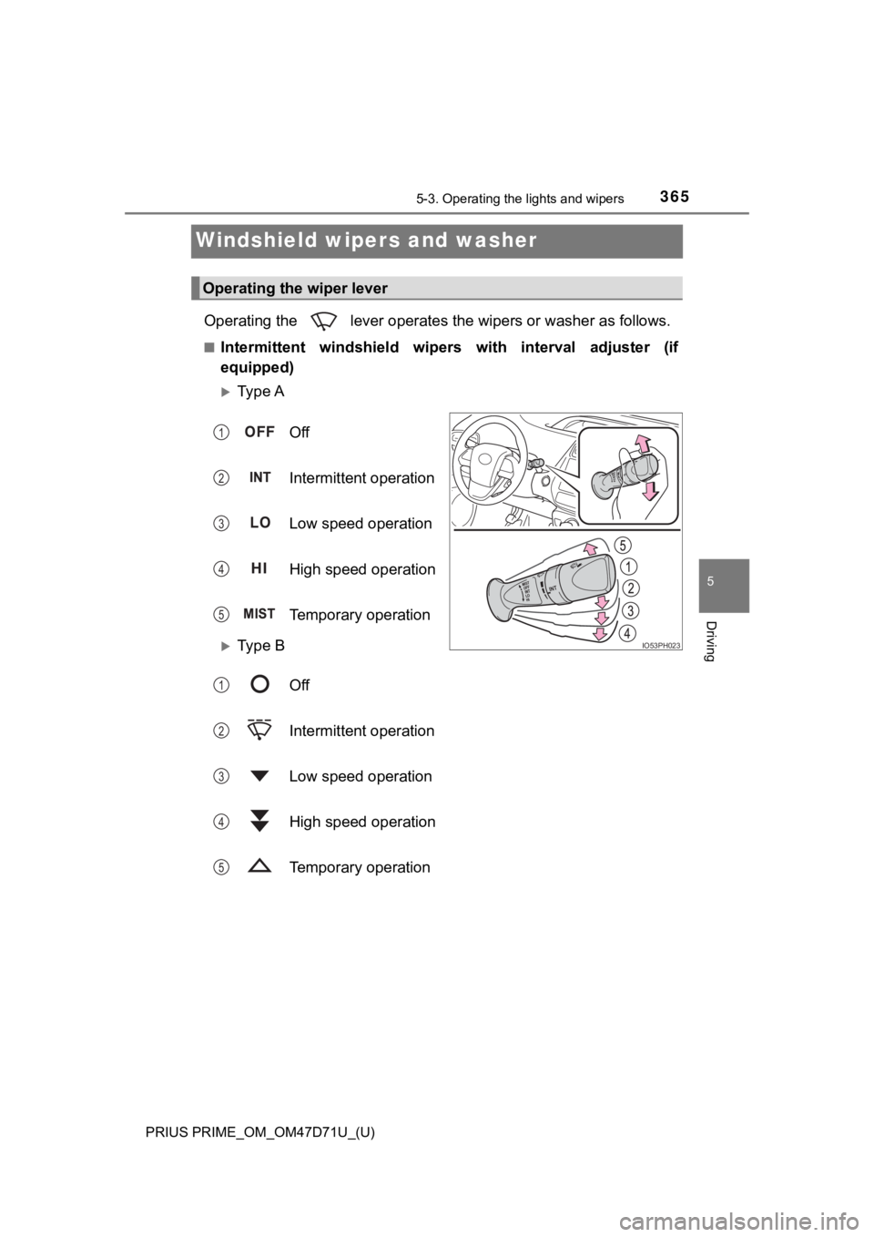 TOYOTA PRIUS PRIME 2021  Owners Manual (in English) 365
PRIUS PRIME_OM_OM47D71U_(U)
5-3. Operating the lights and wipers
5
Driving
Windshield wipers and washer
Operating the   lever operates the wipers or washer as follows.
■Intermittent  windshield 