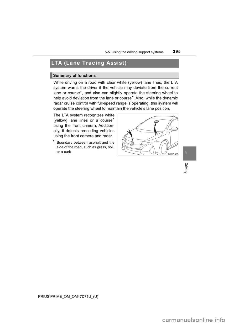 TOYOTA PRIUS PRIME 2021   (in English) Service Manual 395
PRIUS PRIME_OM_OM47D71U_(U)
5-5. Using the driving support systems
5
Driving
LTA (Lane Tracing Assist)
While  driving  on  a  road  with  clear  white  (yellow)  lane  lines,  the  LTA
system  war