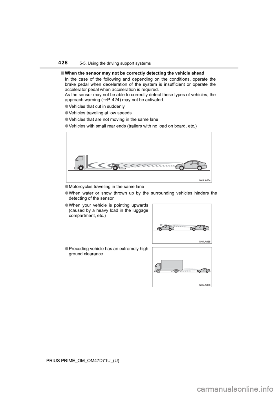 TOYOTA PRIUS PRIME 2021  Owners Manual (in English) 428
PRIUS PRIME_OM_OM47D71U_(U)
5-5. Using the driving support systems
■When the sensor may not be correctly detecting the vehicle ahead
In  the  case  of  the  following  and  depending  on  the  c