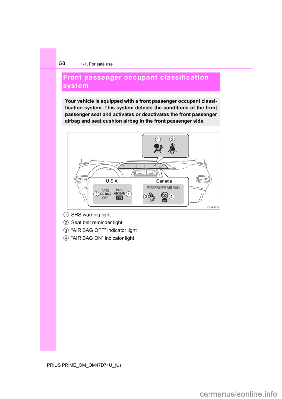 TOYOTA PRIUS PRIME 2021  Owners Manual (in English) 501-1. For safe use
PRIUS PRIME_OM_OM47D71U_(U)
Front passenger occupant classification 
system
SRS warning light
Seat belt reminder light
“AIR BAG OFF” indicator light
“AIR BAG ON” indicator 