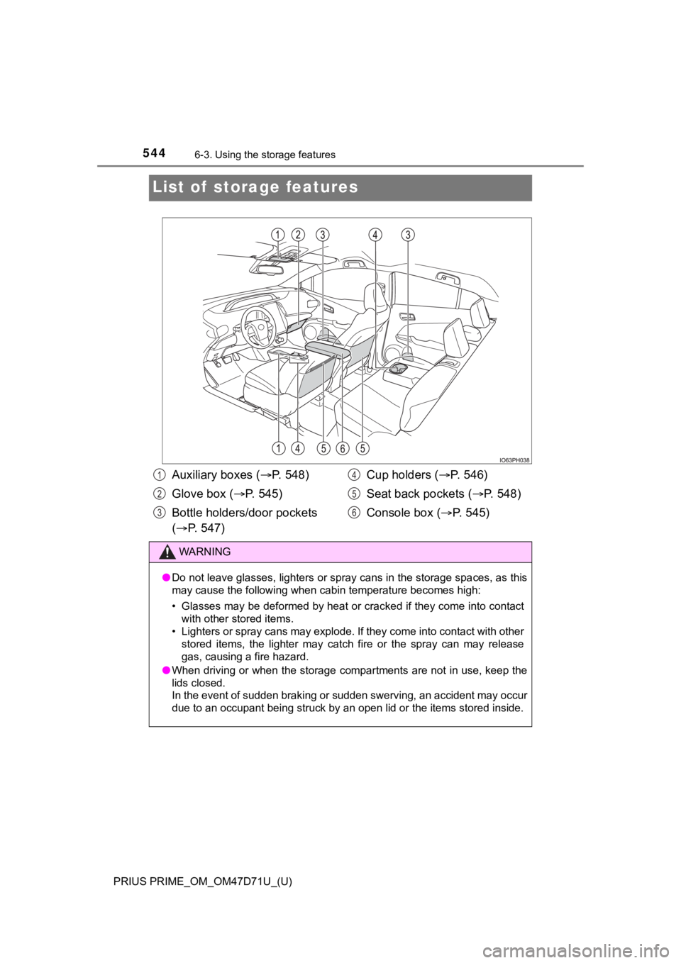 TOYOTA PRIUS PRIME 2021  Owners Manual (in English) 544
PRIUS PRIME_OM_OM47D71U_(U)
6-3. Using the storage features
List of  storage features
Auxiliary boxes (P. 548)
Glove box (P.   5 4 5 )
Bottle holders/door pockets 
(P. 547)Cup holders (�