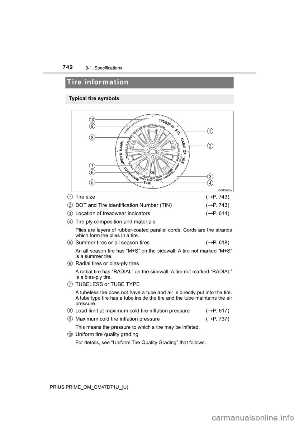 TOYOTA PRIUS PRIME 2021 Owners Manual (in English) 742
PRIUS PRIME_OM_OM47D71U_(U)
9-1. Specifications
Tire information
Tire size (P. 743)
DOT and Tire Identification Number (TIN) (P. 743)
Location of treadwear indicators (P. 614)
Tire ply c TOYOTA PRIUS PRIME 2021 Owners Manual (in English) 742
PRIUS PRIME_OM_OM47D71U_(U)
9-1. Specifications
Tire information
Tire size (P. 743)
DOT and Tire Identification Number (TIN) (P. 743)
Location of treadwear indicators (P. 614)
Tire ply c