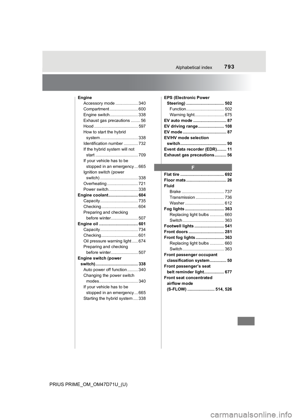 TOYOTA PRIUS PRIME 2021  Owners Manual (in English) 793Alphabetical index
PRIUS PRIME_OM_OM47D71U_(U)
Engine
Accessory mode ................... 340
Compartment ........................ 600
Engine switch........................ 338
Exhaust gas precautio