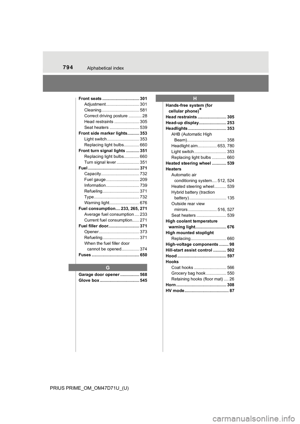 TOYOTA PRIUS PRIME 2021   (in English) User Guide 794Alphabetical index
PRIUS PRIME_OM_OM47D71U_(U)
Front seats ............................... 301
Adjustment ............................ 301
Cleaning................................ 581
Correct drivi