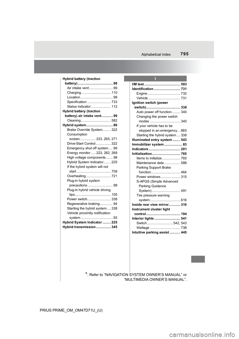 TOYOTA PRIUS PRIME 2021  Owners Manual (in English) 795Alphabetical index
PRIUS PRIME_OM_OM47D71U_(U)
Hybrid battery (traction 
battery) ..................................... 98
Air intake vent ......................... 99
Charging ....................