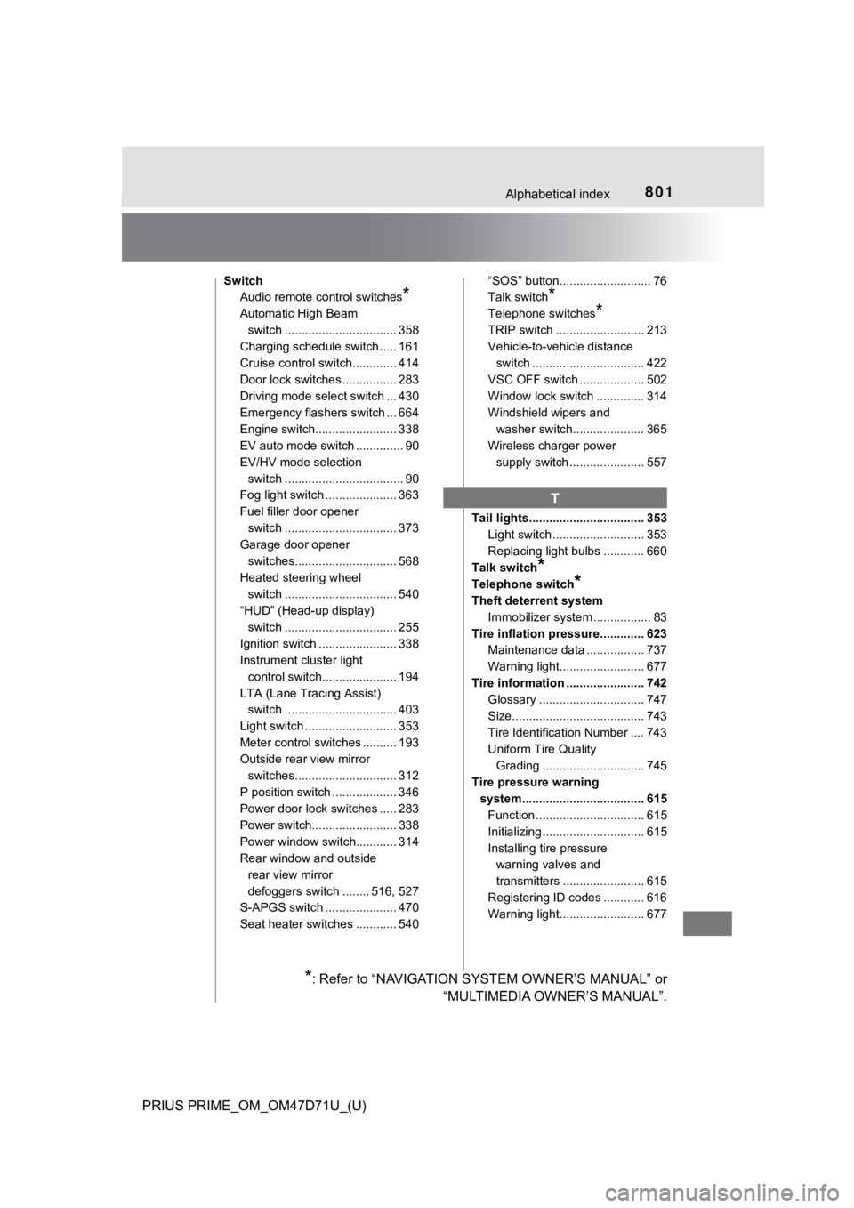 TOYOTA PRIUS PRIME 2021  Owners Manual (in English) 801Alphabetical index
PRIUS PRIME_OM_OM47D71U_(U)
Switch
Audio remote control switches
*
Automatic High Beam 
switch ................................. 358
Charging schedule switch ..... 161
Cruise con