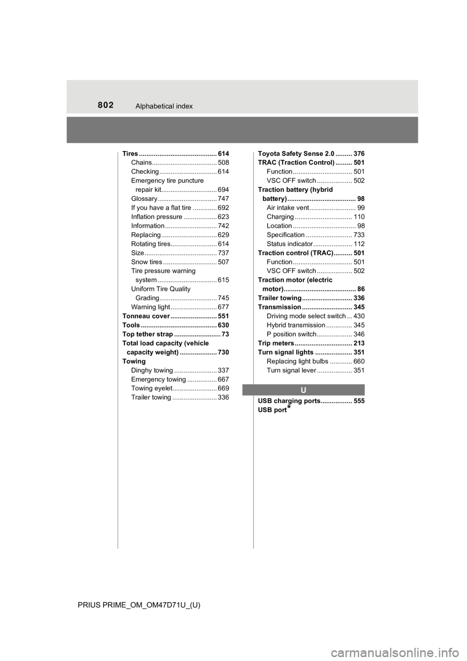 TOYOTA PRIUS PRIME 2021 Owners Manual (in English) 802Alphabetical index
PRIUS PRIME_OM_OM47D71U_(U)
Tires .......................................... 614
Chains................................... 508
Checking ............................... 614
Emerge TOYOTA PRIUS PRIME 2021 Owners Manual (in English) 802Alphabetical index
PRIUS PRIME_OM_OM47D71U_(U)
Tires .......................................... 614
Chains................................... 508
Checking ............................... 614
Emerge