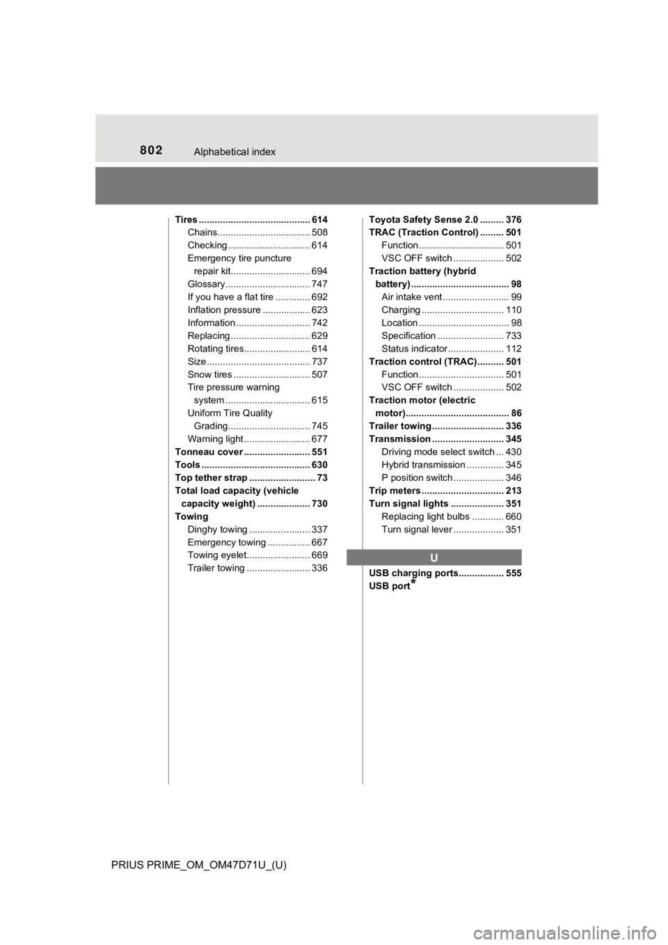 TOYOTA PRIUS PRIME 2021   (in English) User Guide 802Alphabetical index
PRIUS PRIME_OM_OM47D71U_(U)
Tires .......................................... 614
Chains................................... 508
Checking ............................... 614
Emerge