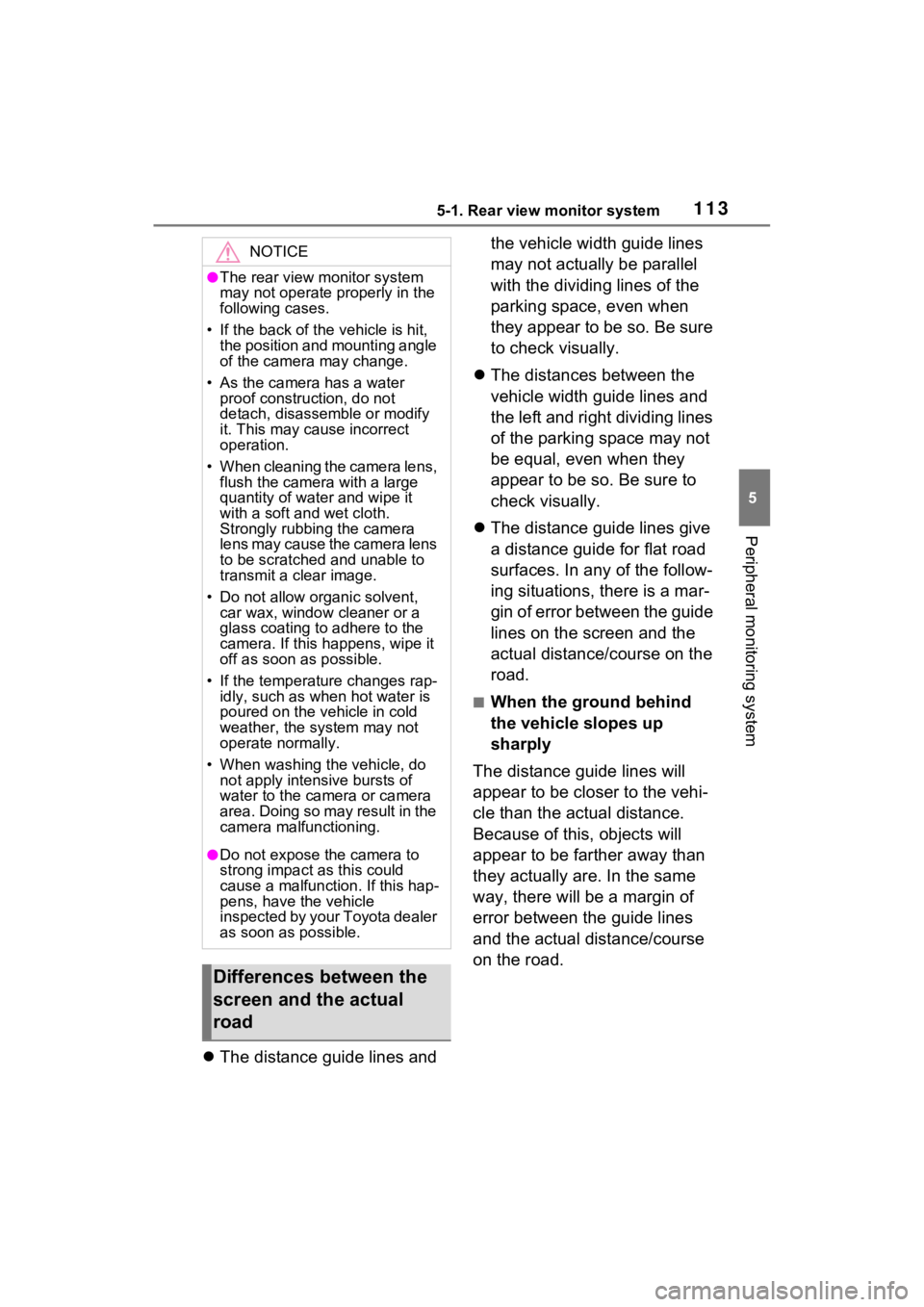 TOYOTA PRIUS PRIME 2021  Accessories, Audio & Navigation (in English) 1135-1. Rear view monitor system
5
Peripheral monitoring system
The distance guide lines and  the vehicle width guide lines 
may not actually be parallel 
with the dividing lines of the 
parking sp