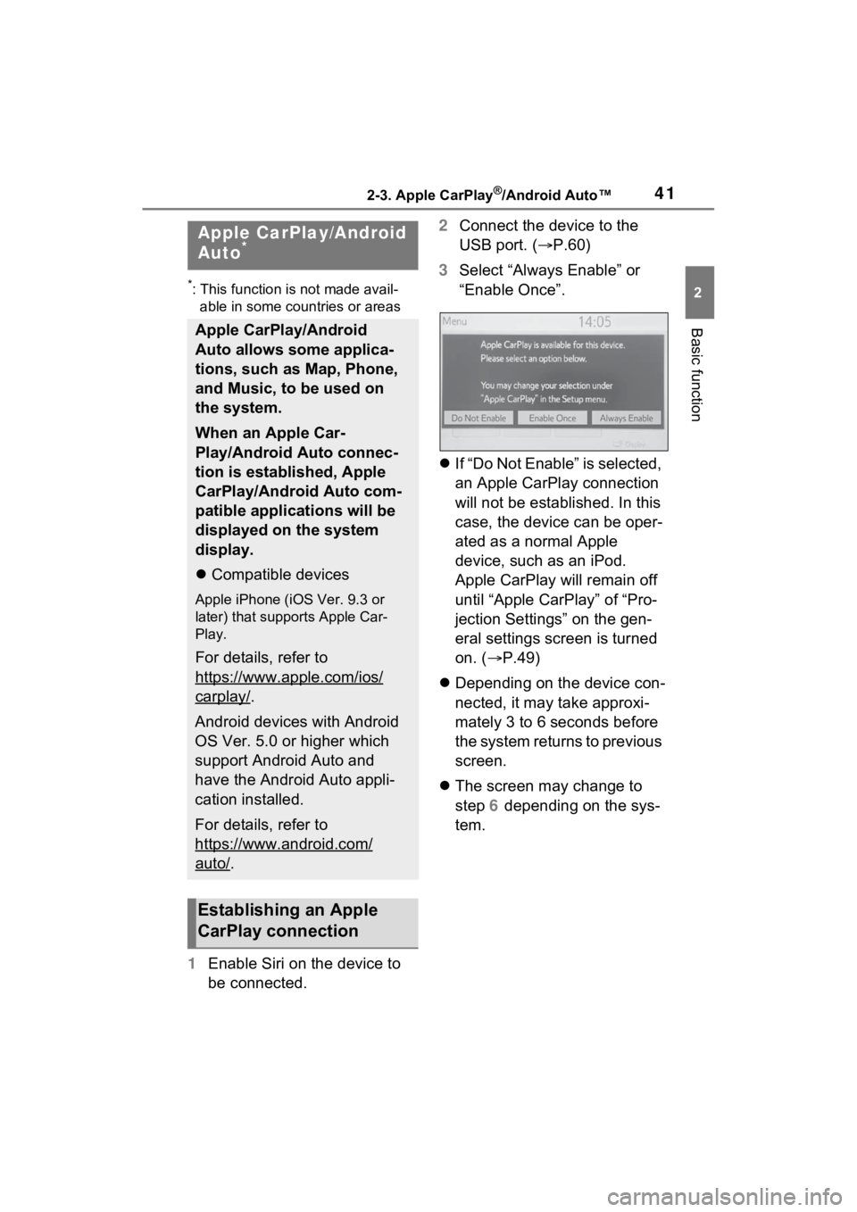 TOYOTA PRIUS PRIME 2021  Accessories, Audio & Navigation (in English) 412-3. Apple CarPlay®/Android Auto™
2
Basic function
2-3.Apple CarPlay®/Android Auto™
*: This function is not made avail-able in some countries or areas
1 Enable Siri on the device to 
be connec