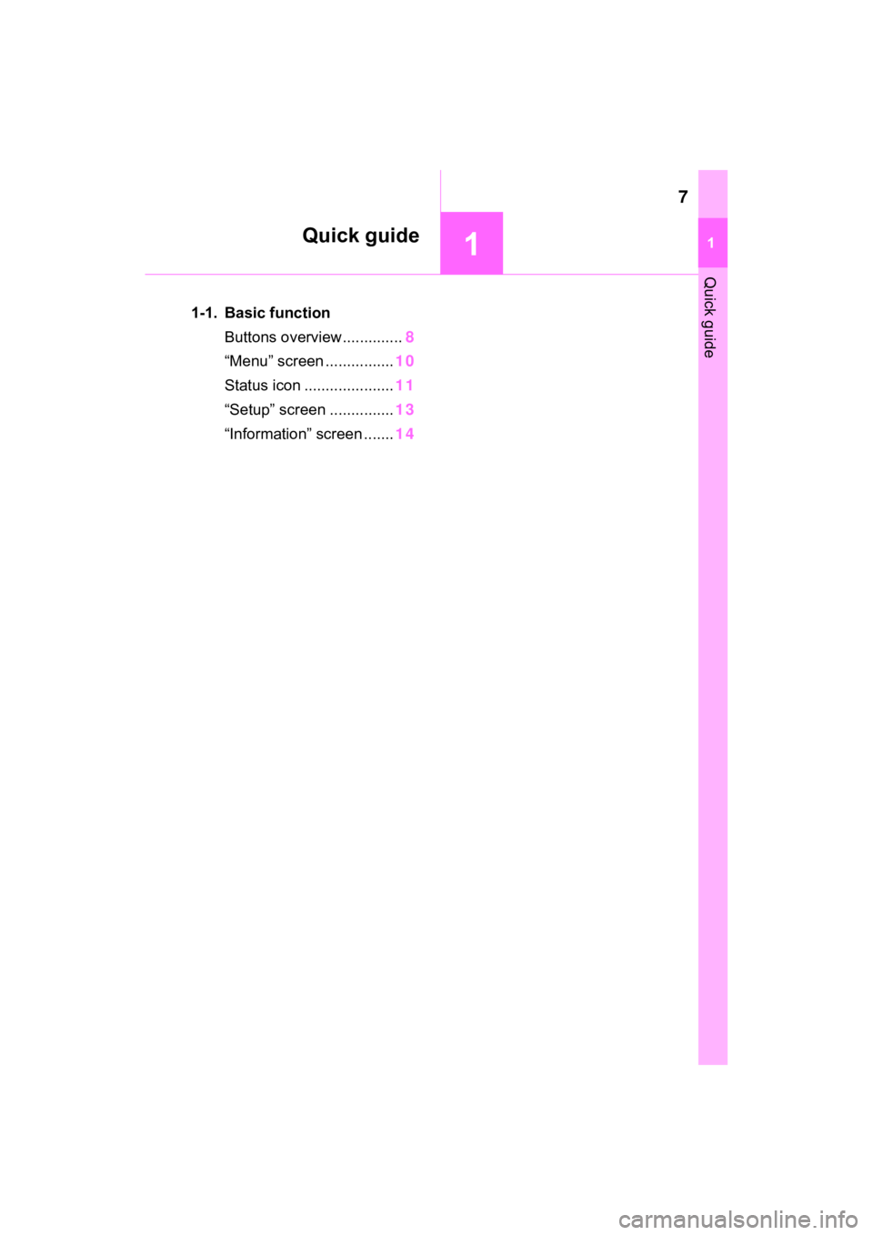 TOYOTA PRIUS PRIME 2021  Accessories, Audio & Navigation (in English) 7
11
Quick guide
Quick guide
1-1. Basic functionButtons overview.............. 8
“Menu” screen ................ 10
Status icon ..................... 11
“Setup” screen ............... 13
“Inf