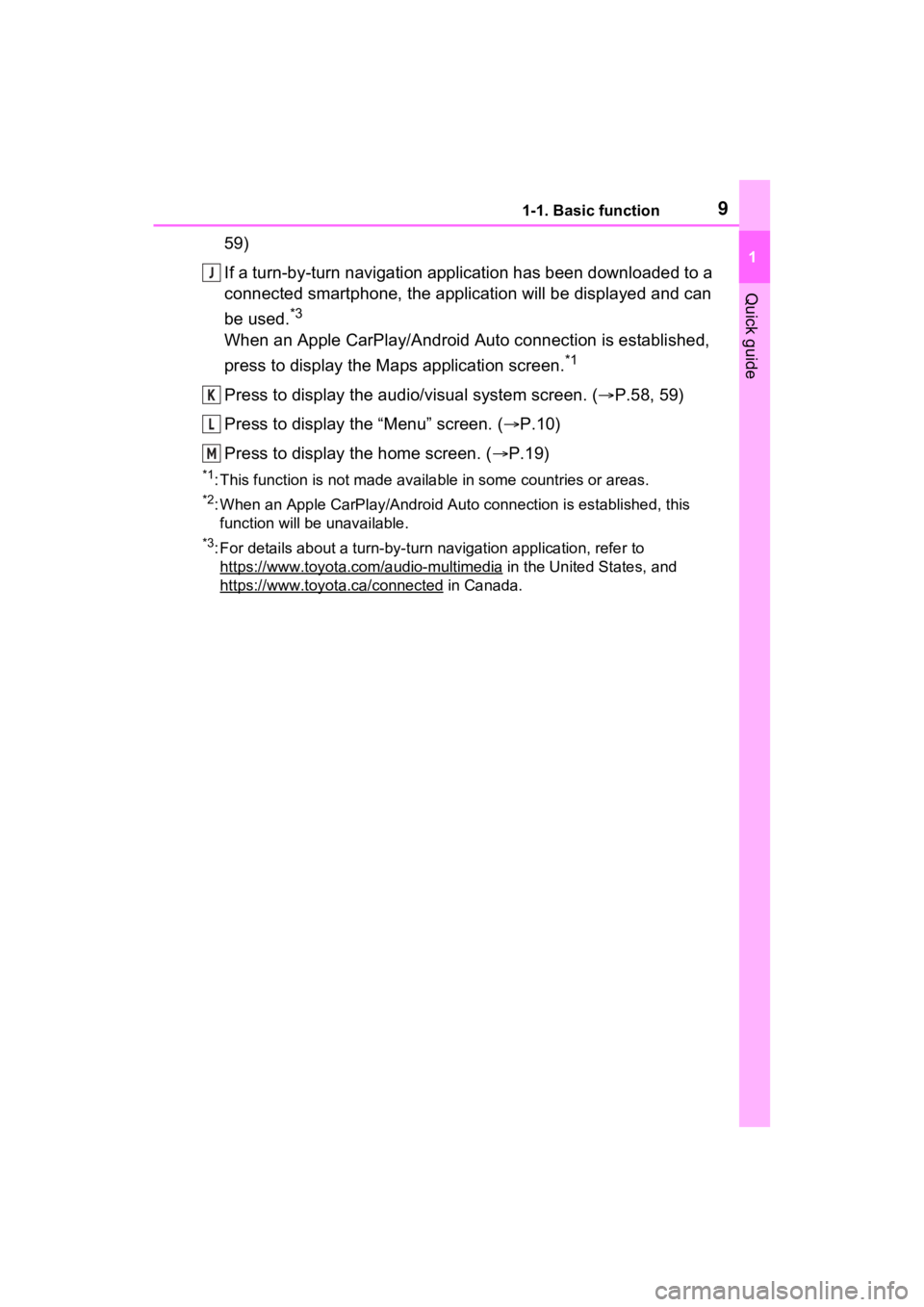 TOYOTA PRIUS PRIME 2021  Accessories, Audio & Navigation (in English) 91-1. Basic function
1
Quick guide
59)
If a turn-by-turn navigation application has been downloaded to a 
connected smartphone, the application will be displayed and can 
be used.
*3
When an Apple Car